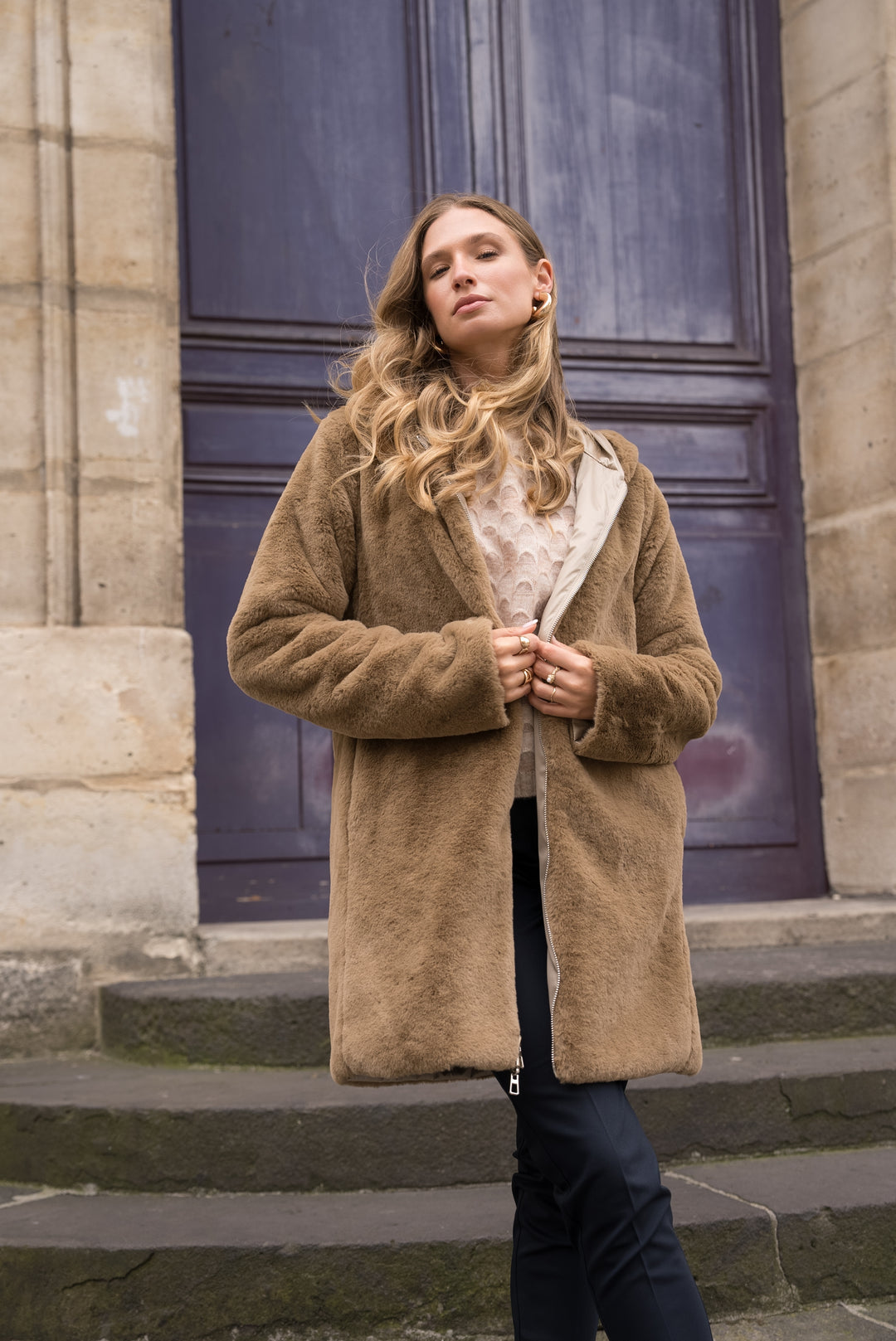 Parka Imperméable réversible fourrée Sable irisé / Camel ALIX - LAURA JO