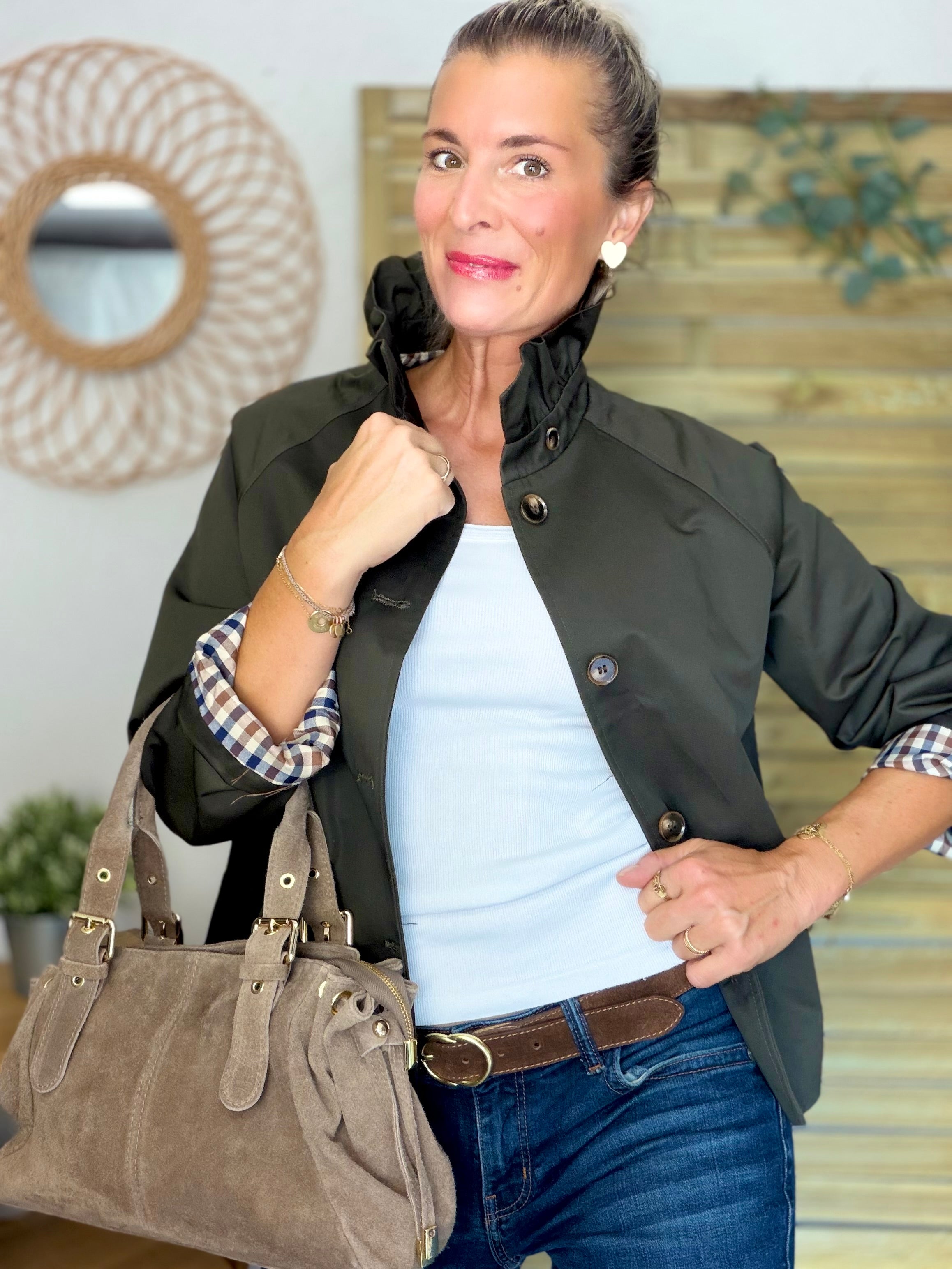 Veste Trench col victorien doublure carreaux - VICTORIA Kaki foncé
