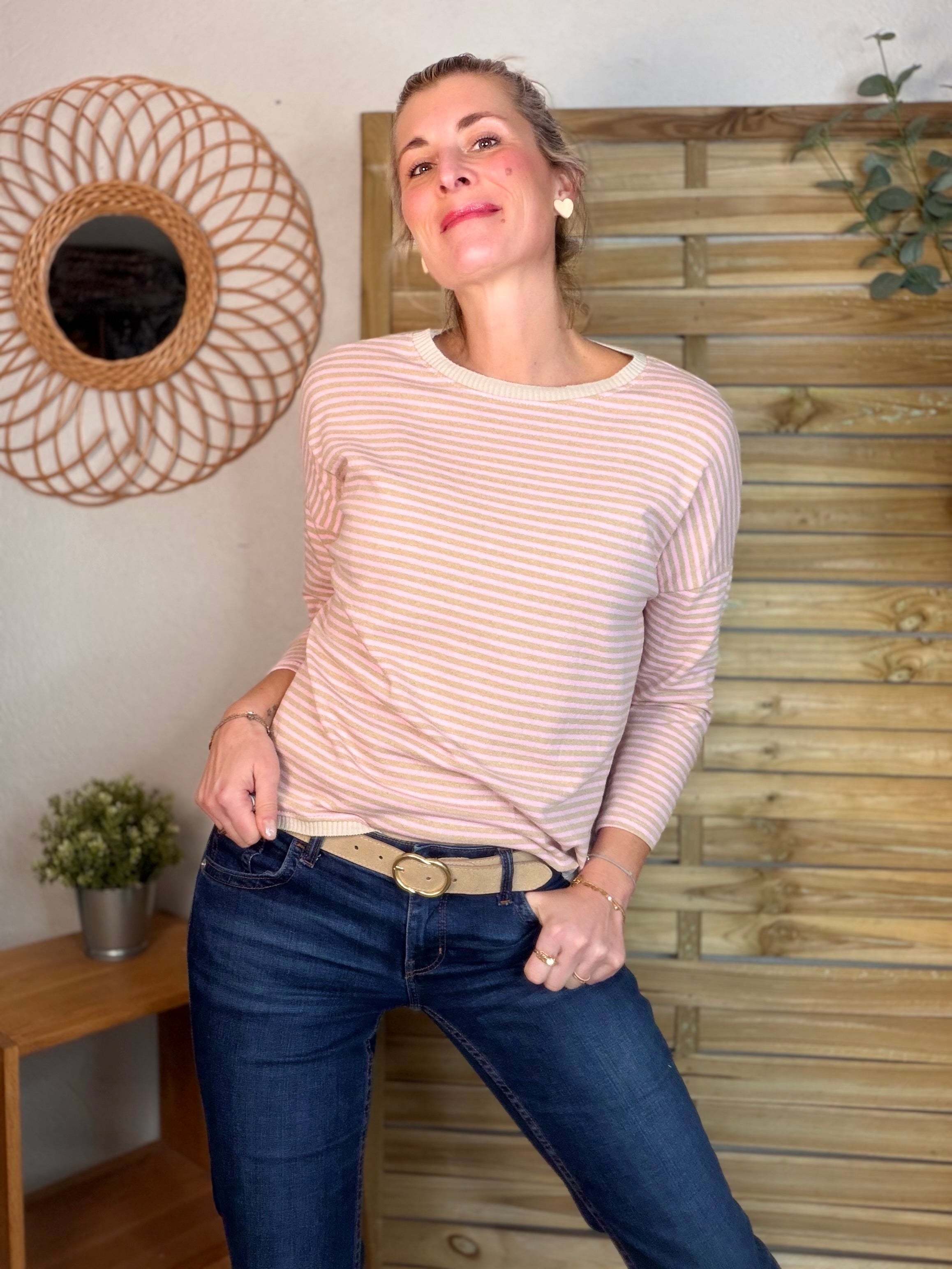 Pull fin rayé ample ROMANE - Rose/Taupe
