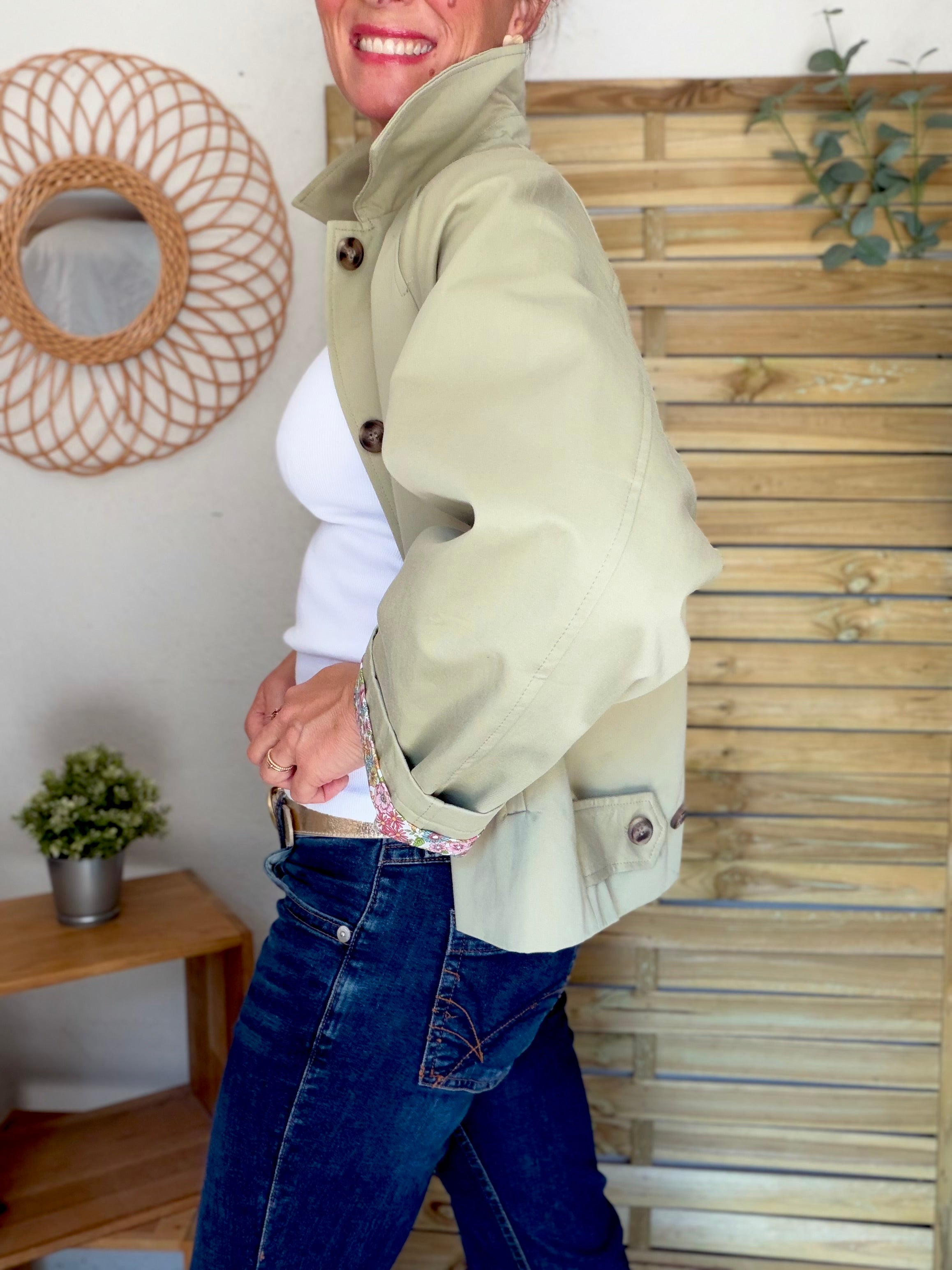 Veste Trench en coton Vert amande avec Liberty - MAHAUT - LILI et LALA