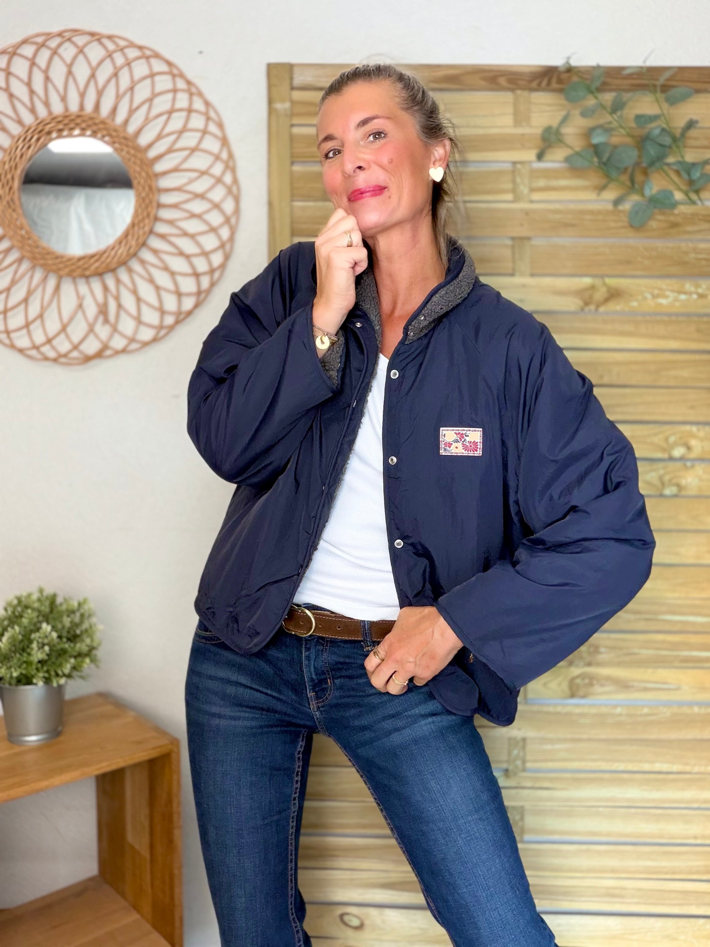 Veste matelassée réversible Sherpa AMÉLIE Bleu marine / Gris