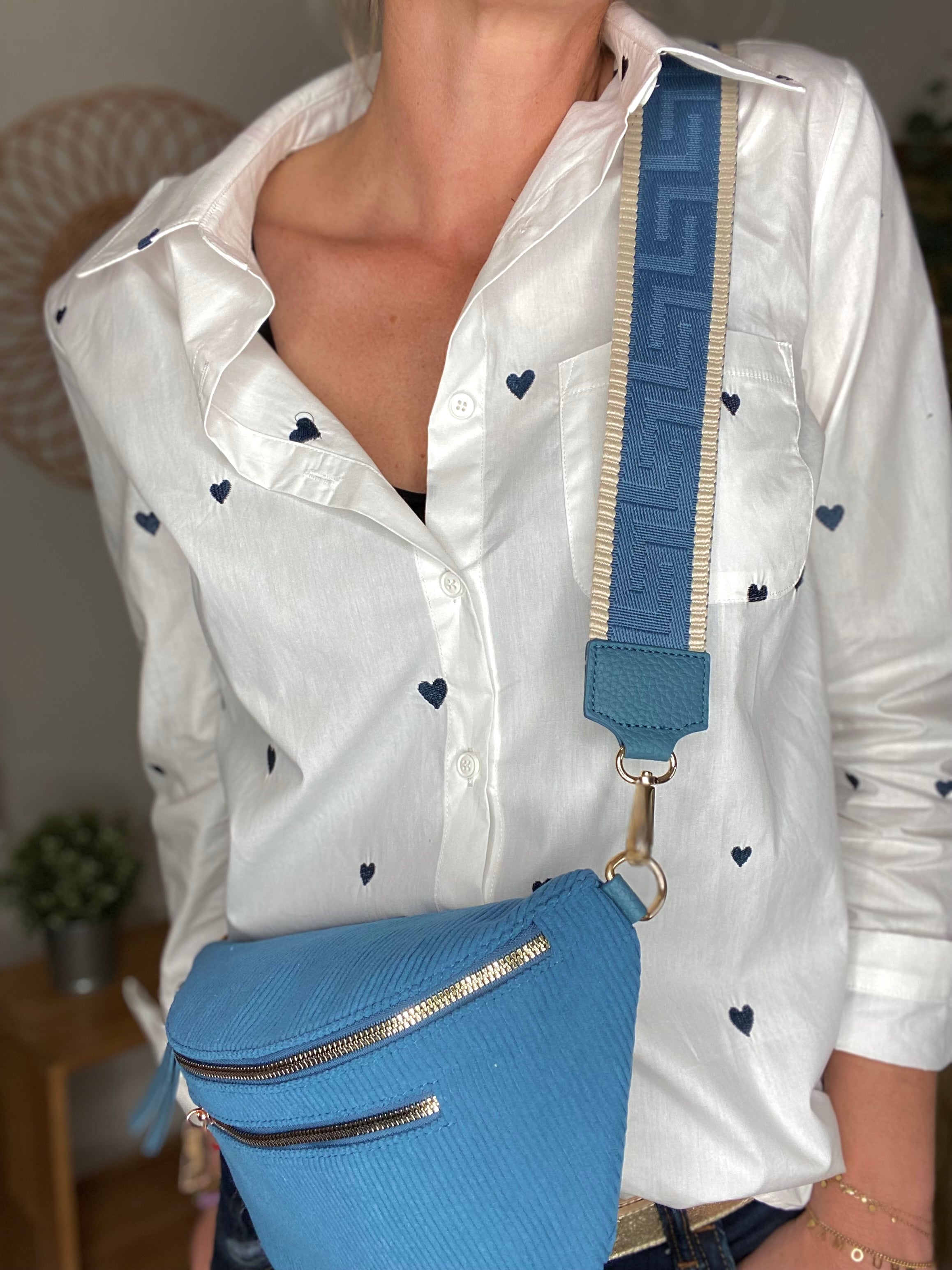 Sac banane L en velours côtelé 2 zips et sangle fantaisie - ASHLY - Bleu jean