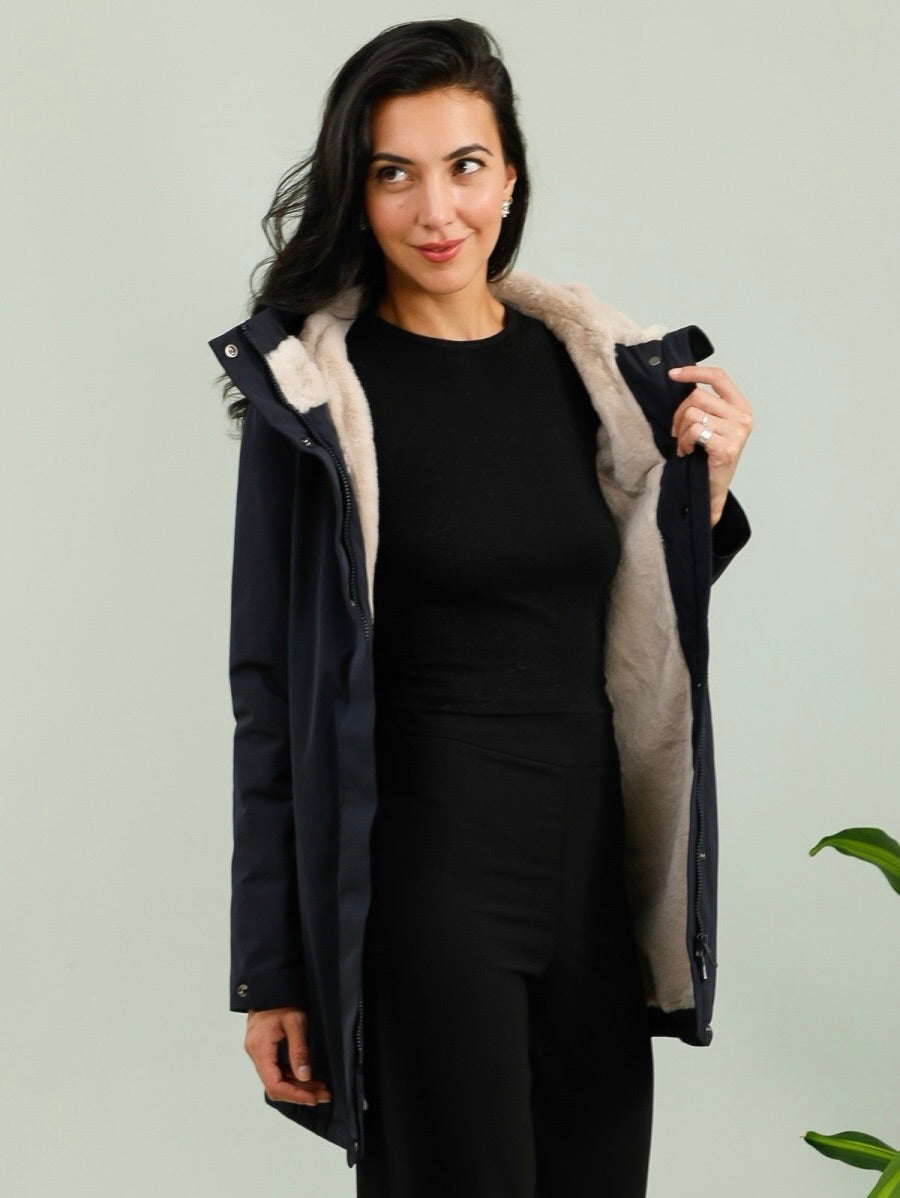 Parka fourrée imperméable AMBRE - Bleu marine / Beige - LAURA JO
