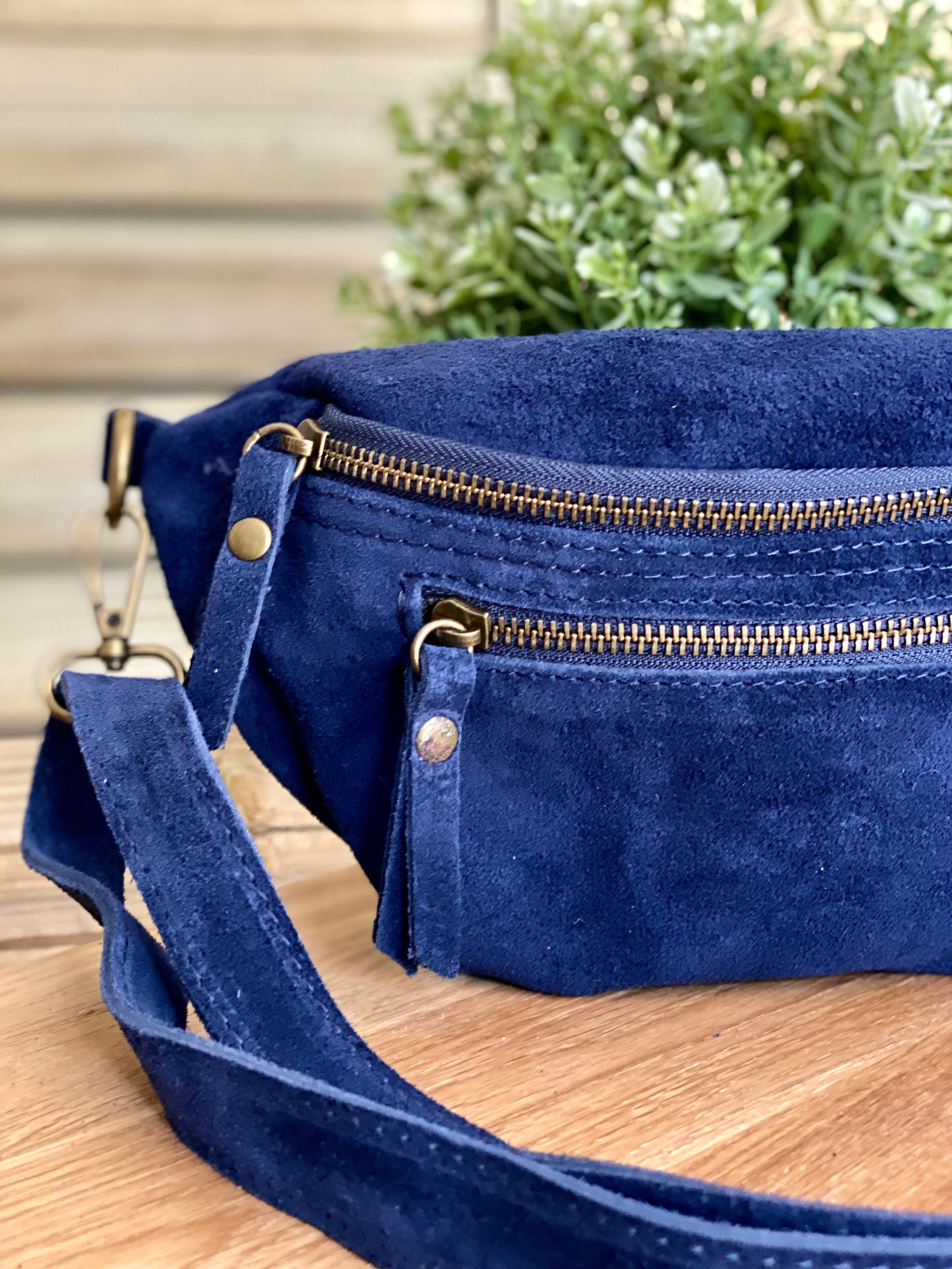 Sac banane double poche en cuir daim - OPALINE - Bleu marine