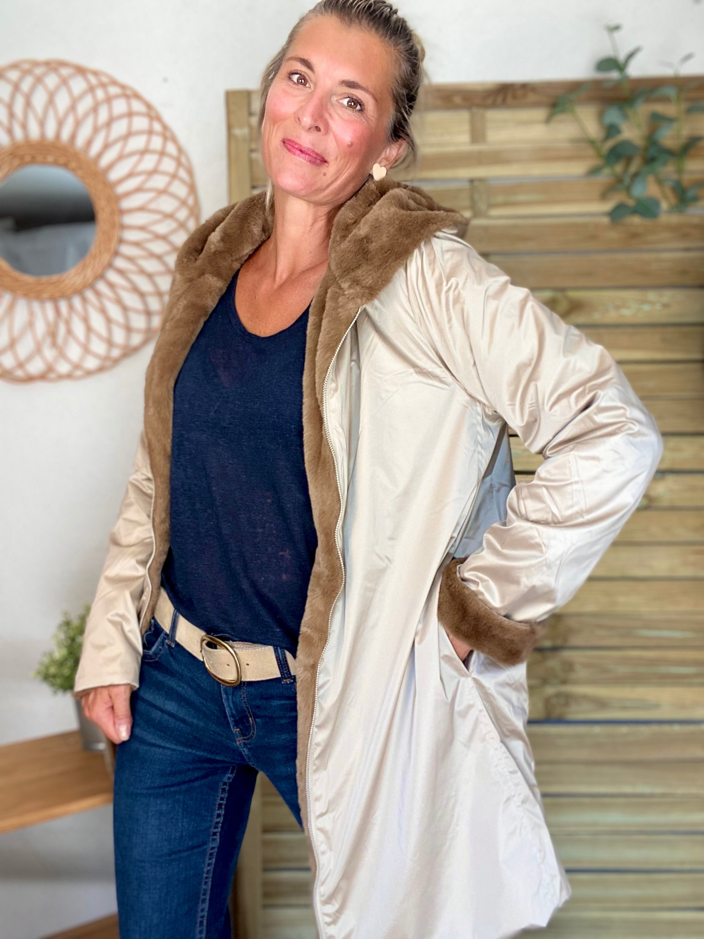 Parka Imperméable réversible fourrée Sable irisé / Camel ALIX - LAURA JO