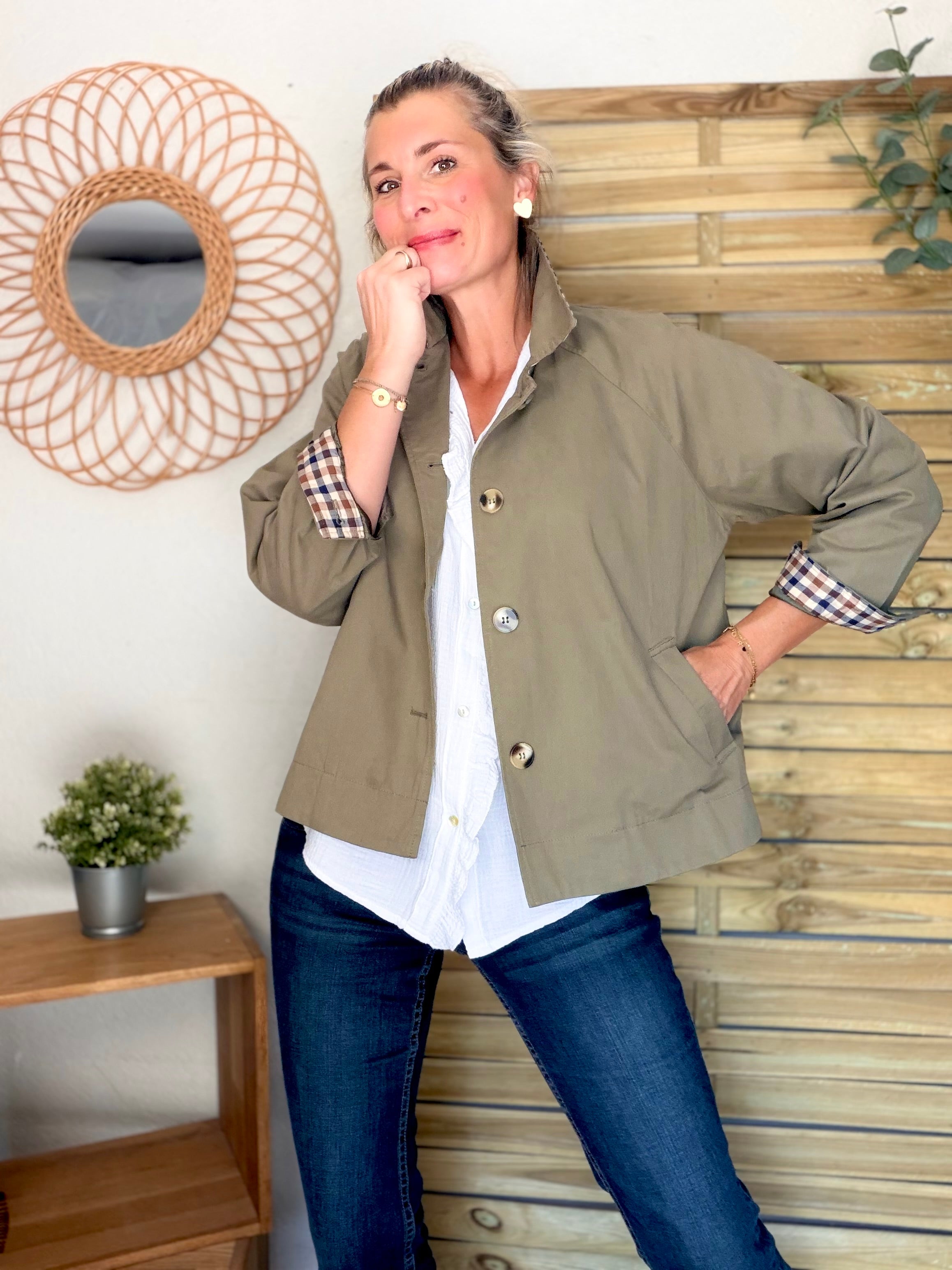 Veste Trench en coton avec carreaux - SOLÈNE Kaki