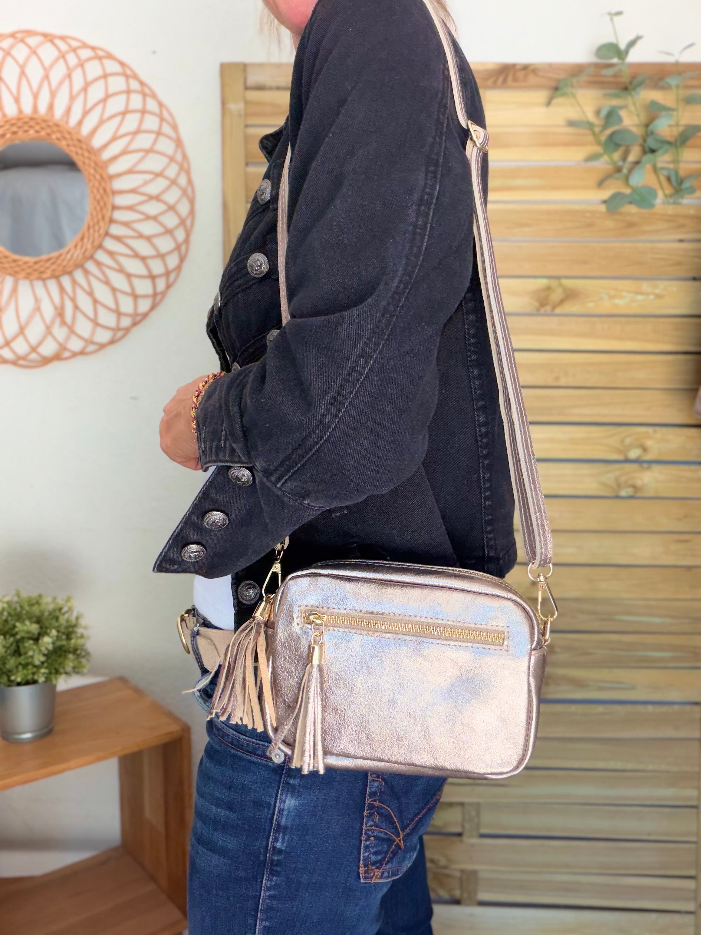 Sac bandoulière en cuir irisé - CHERRY - Bronze
