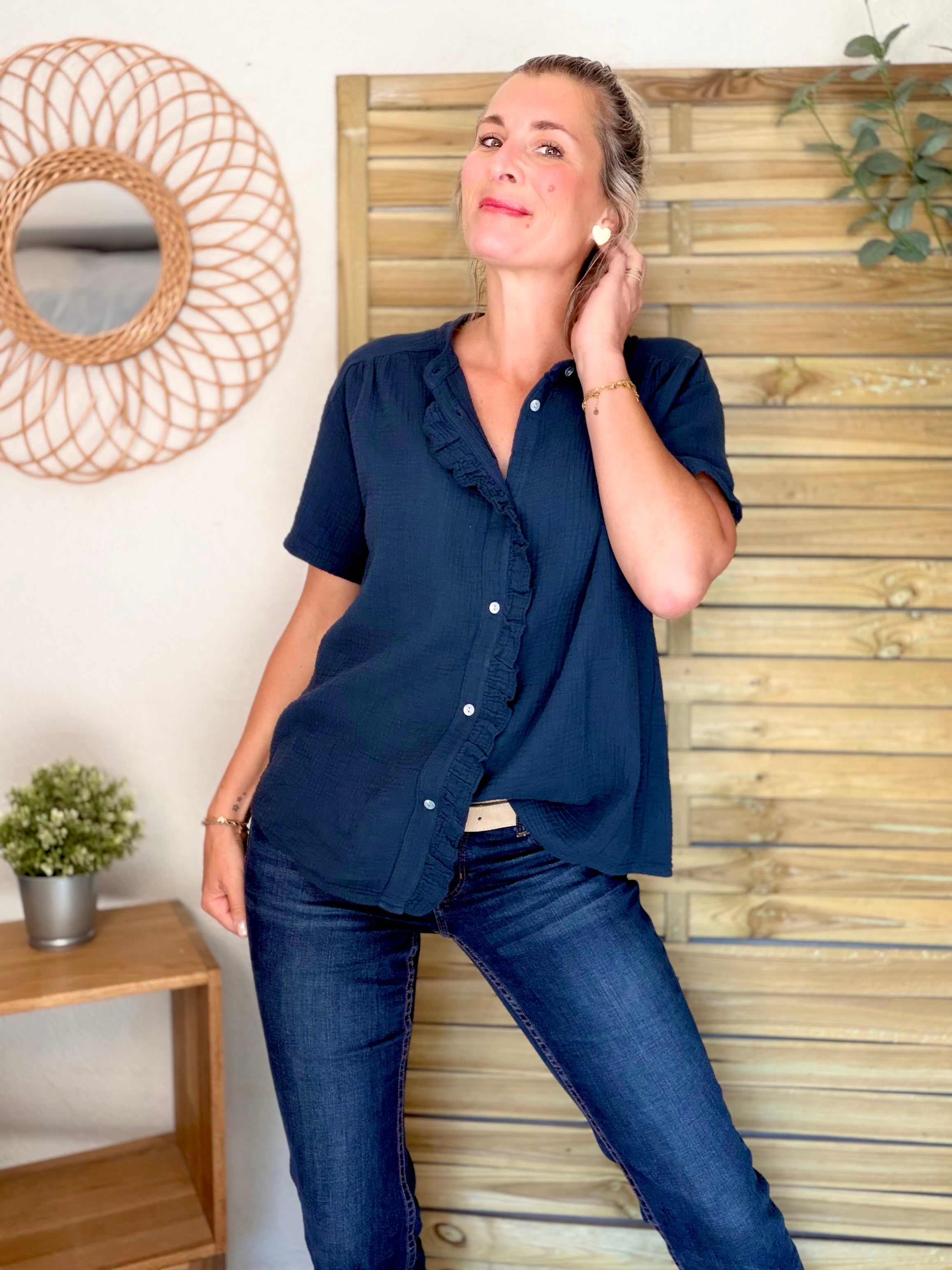 Blouse en gaze de coton ANAËLLE Bleu marine