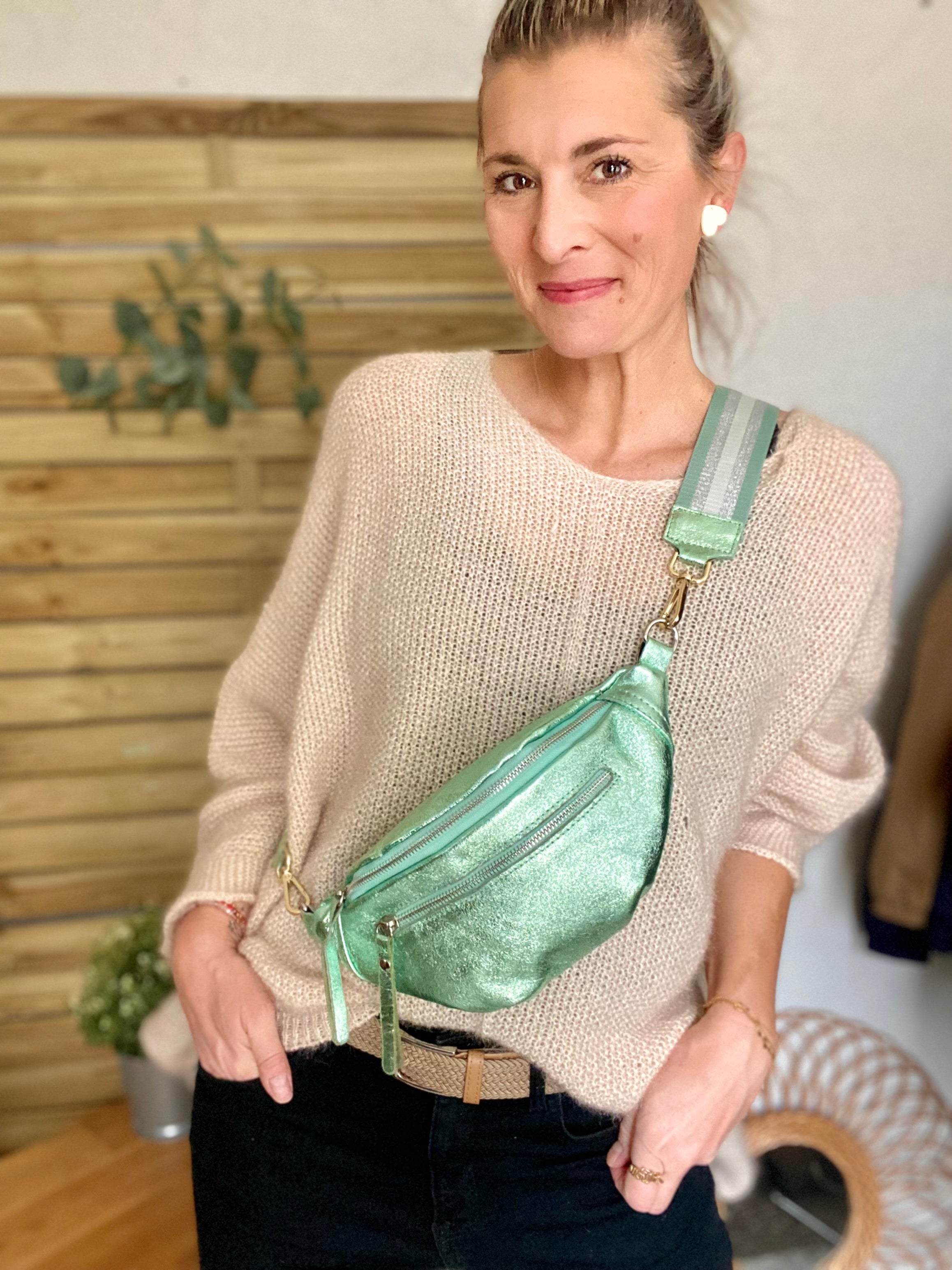 Sac banane en cuir irisé double poche - OPALE  - Vert d’eau