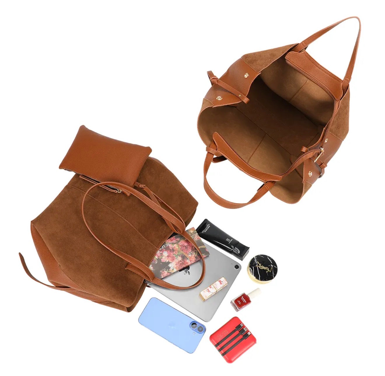 Grand Sac cabas 2 en 1 en simili daim - PAULE Camel