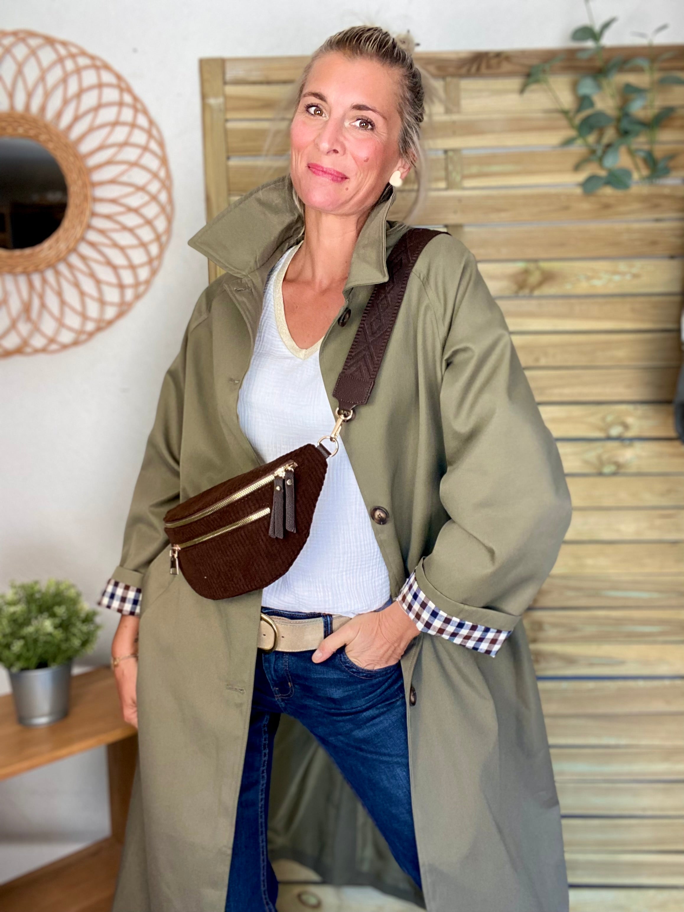 Veste Trench en coton avec vichy - YSEULT long Kaki