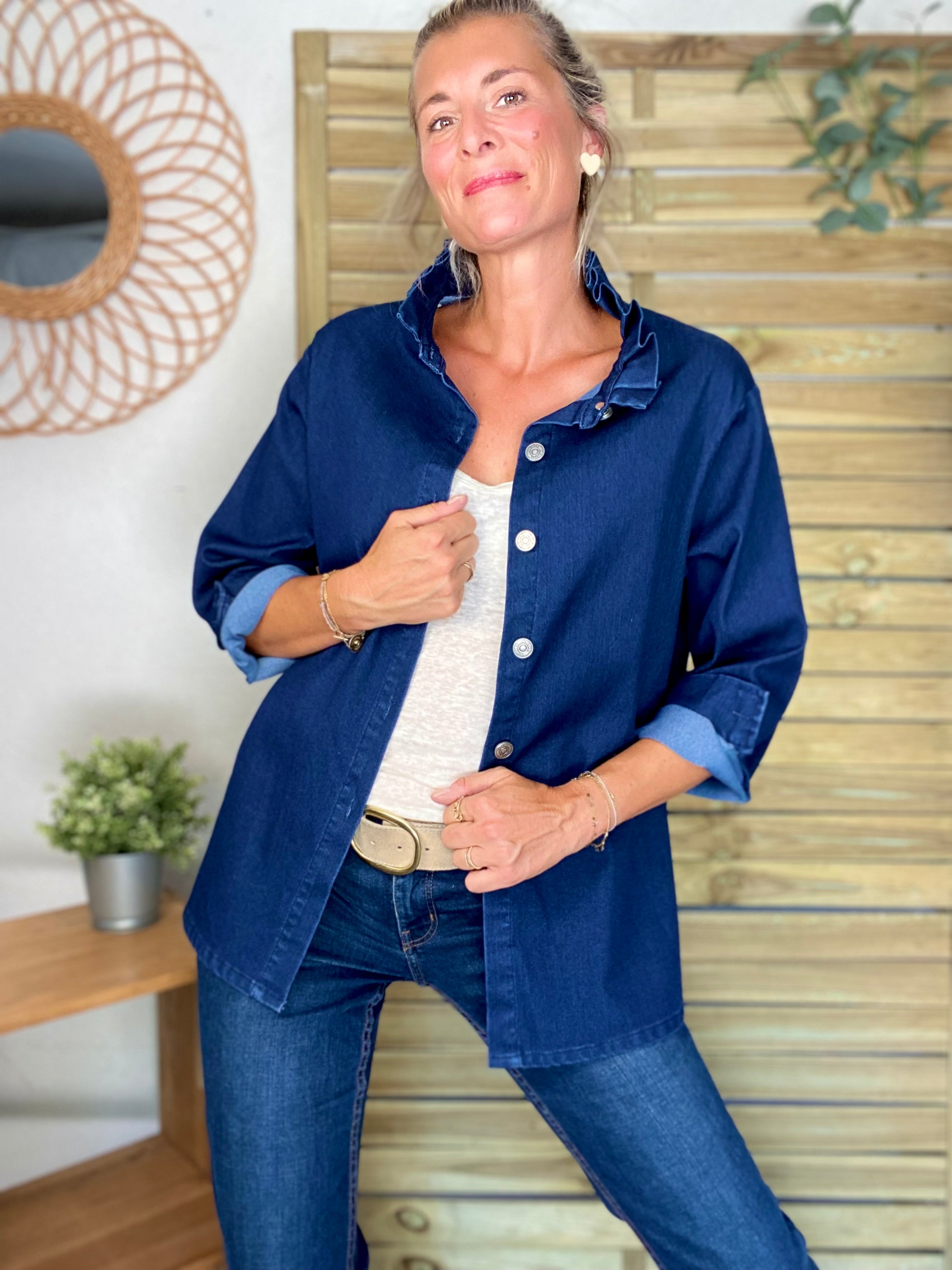 Veste / Chemise en coton, col volanté Bleu Jean LISON