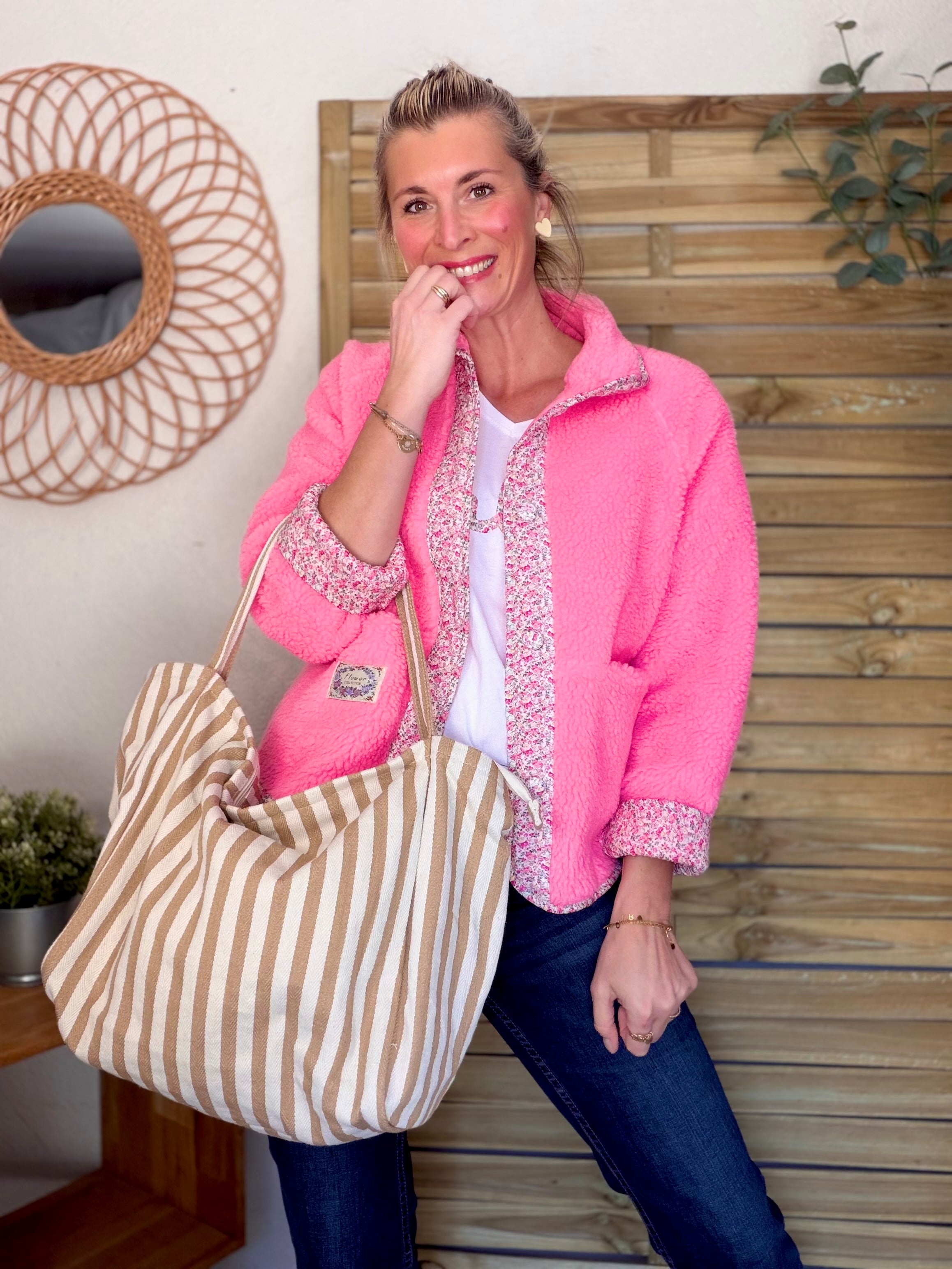 Sac cabas rayé avec fermeture zippée PAULA Beige