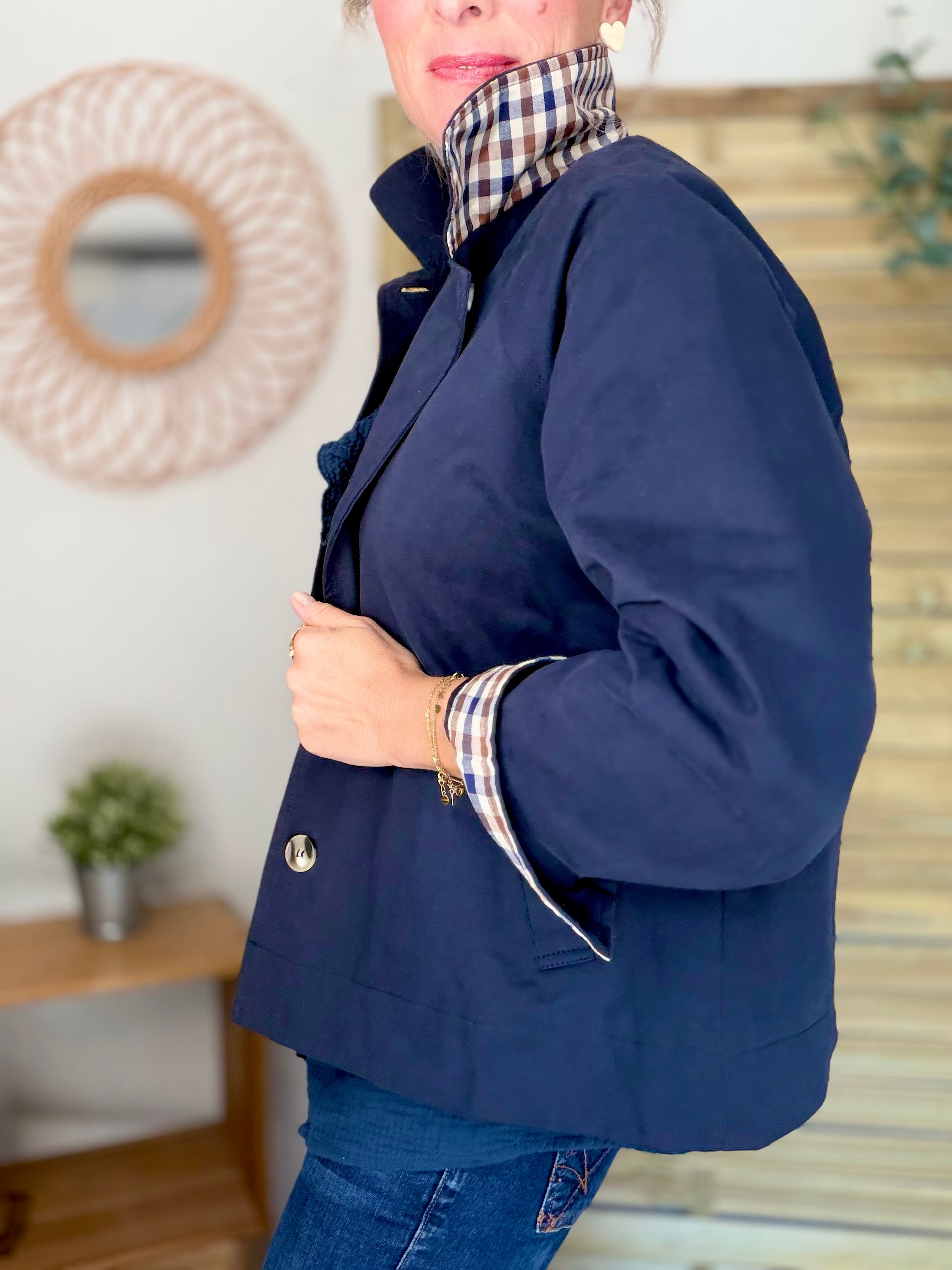 Veste Trench en coton avec carreaux - SOLÈNE Bleu marine