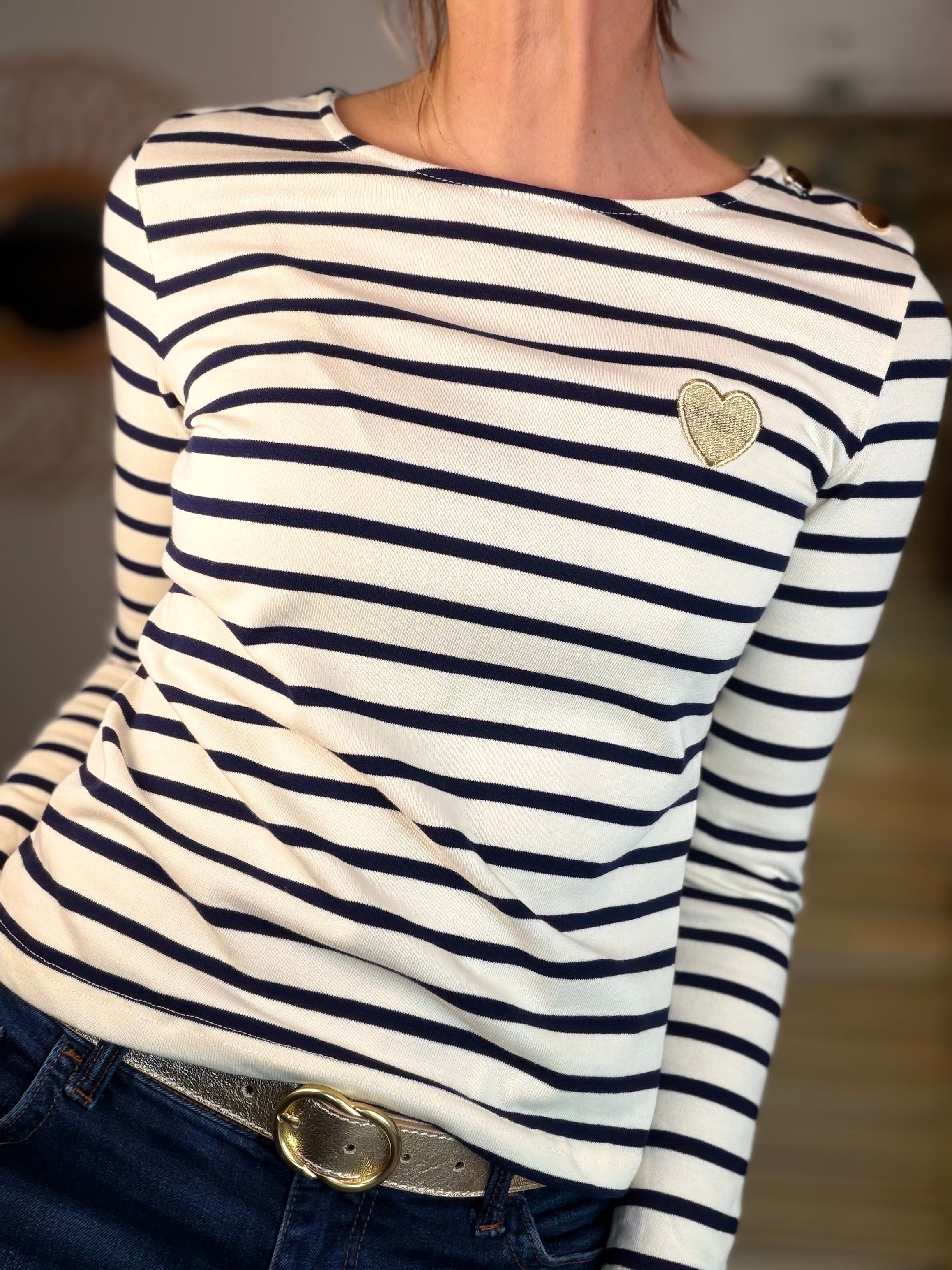 Tee shirt marinière cœur brodé doré 💛 OCÉANE bleu marine