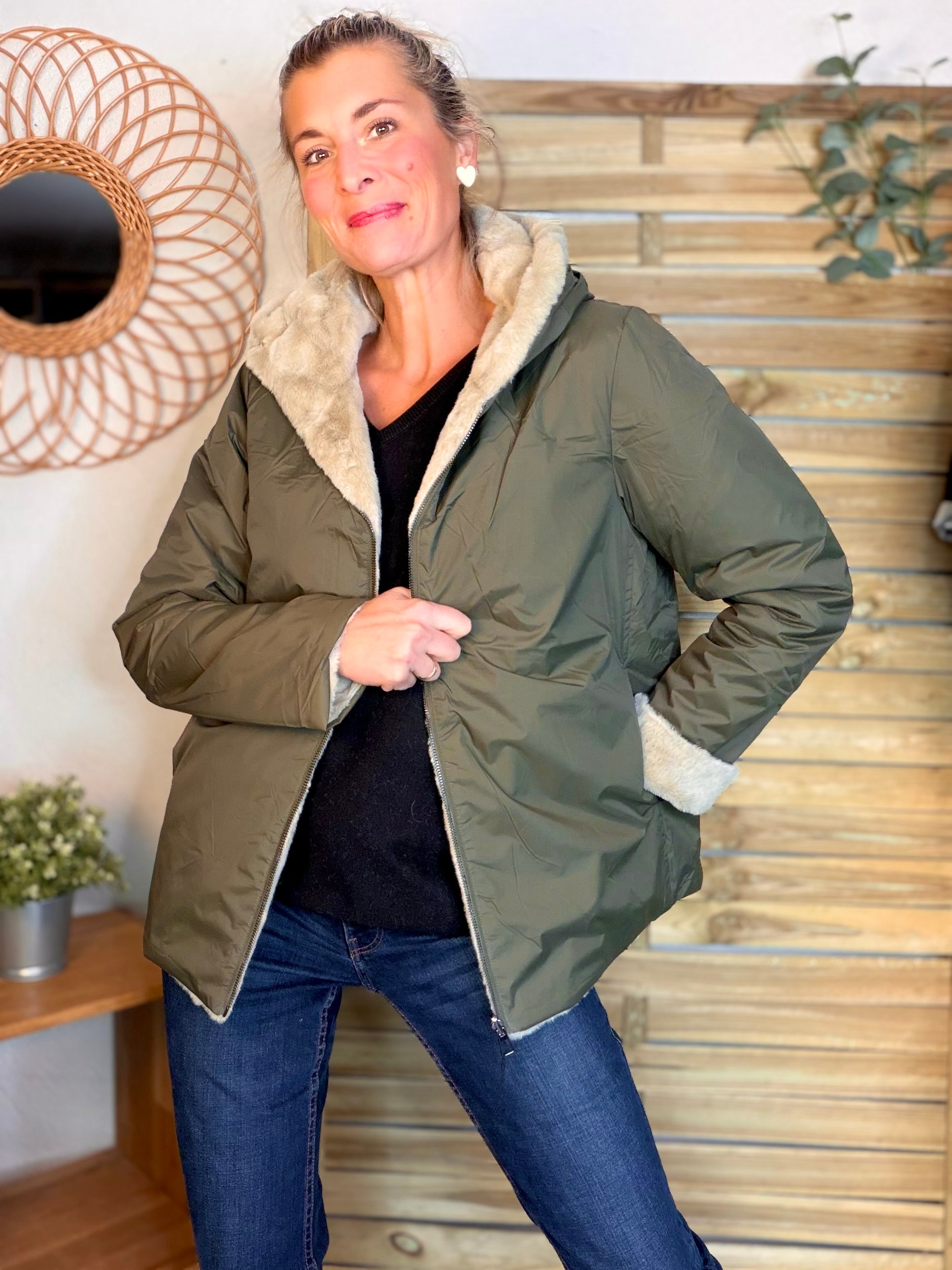 Parka Imperméable réversible fourrée Kaki / Beige ALIX Court - LAURA JO
