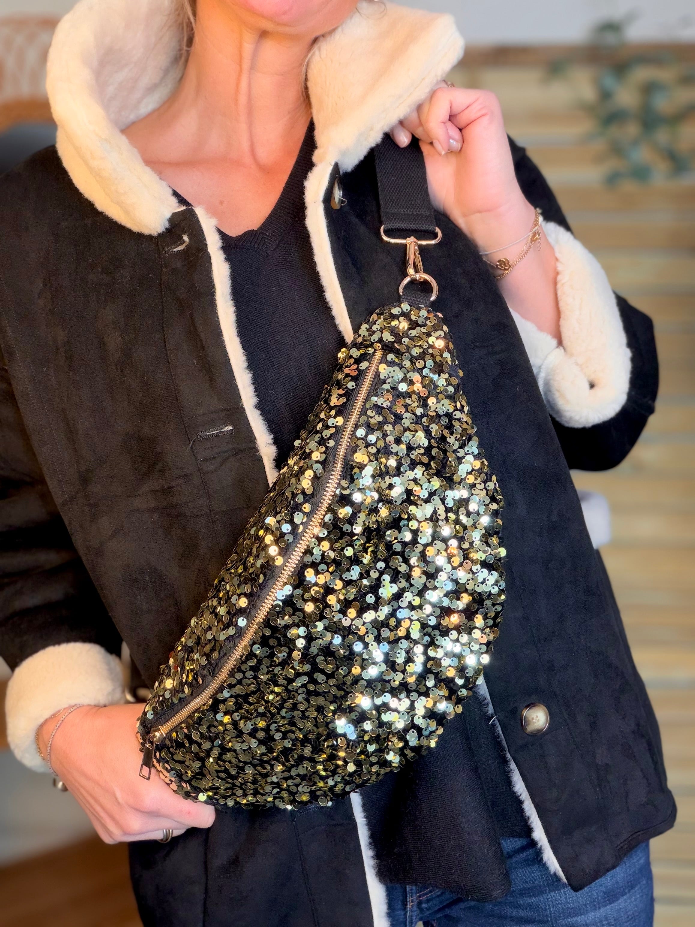 Sac banane L velours à sequins Ciao Boum - TAYLOR - Noir à sequins dorés