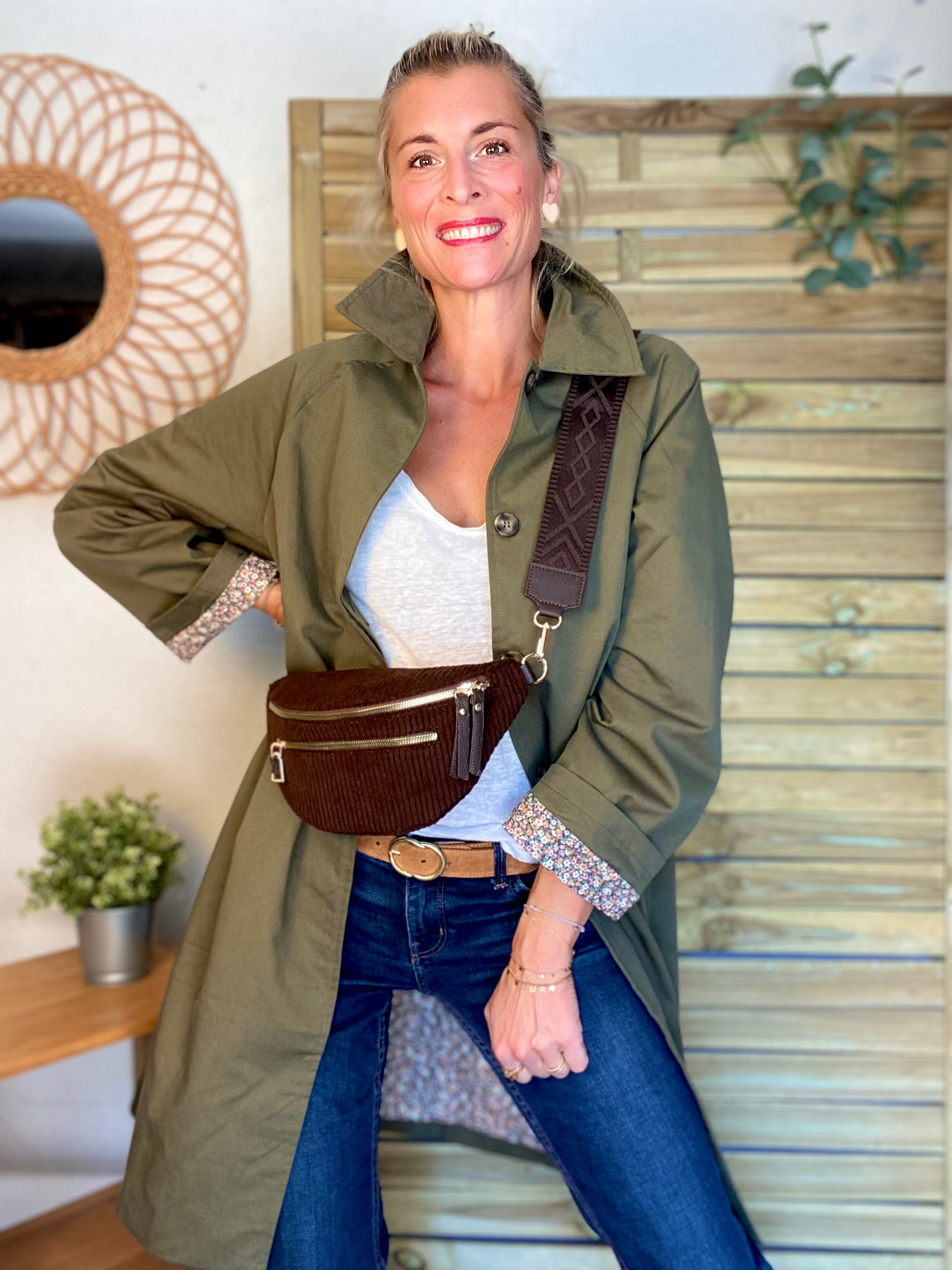 Veste Trench en coton kaki avec Liberty - MAHAUT LONG