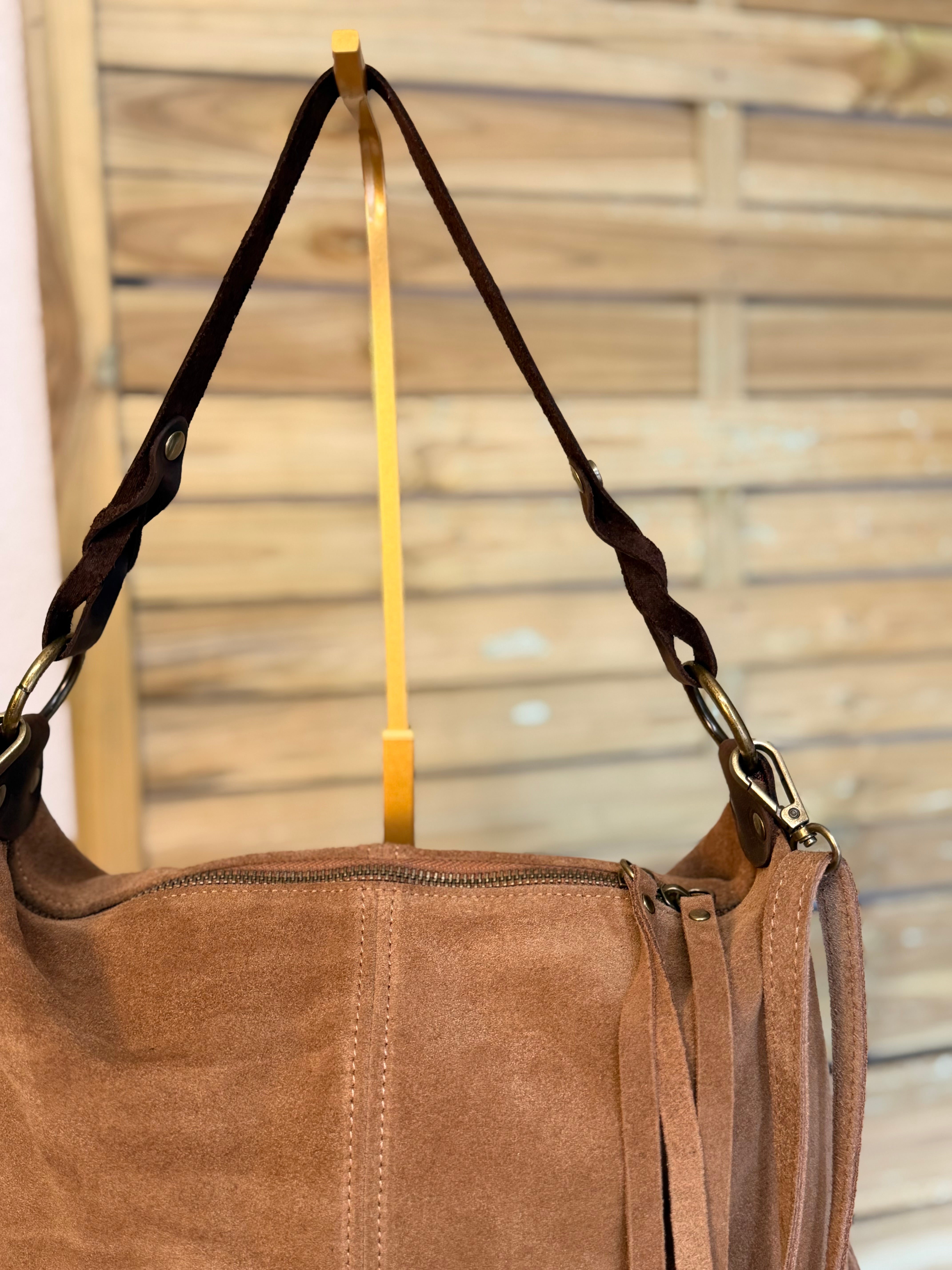 Sac hobo en cuir daim souple, double bandoulière ANDREW Camel clair