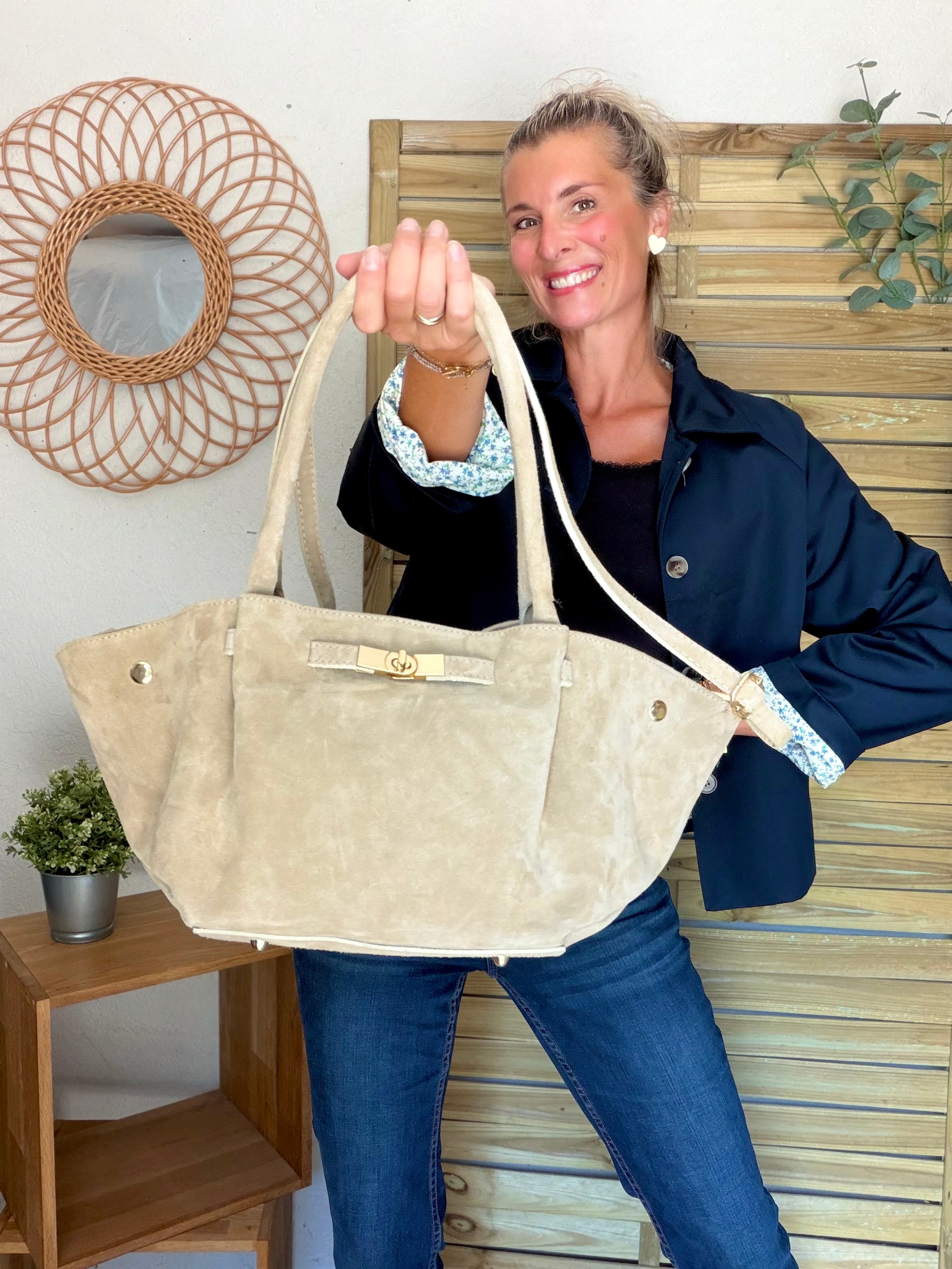 Sac cabas en cuir daim HANA - Beige