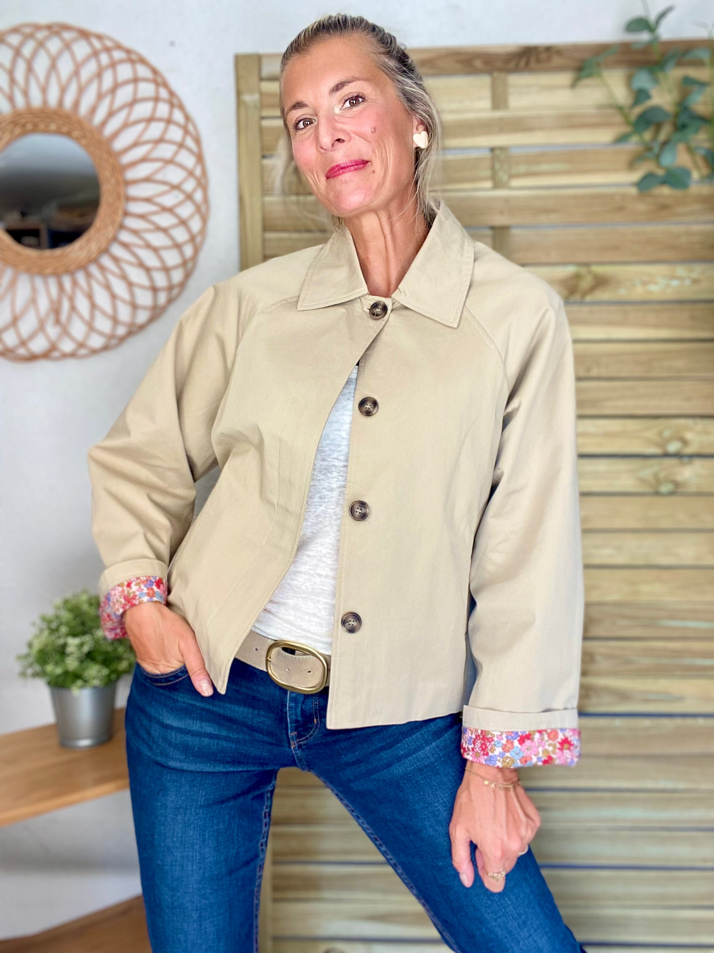 Veste Trench en coton beige avec Liberty - MAHAUT