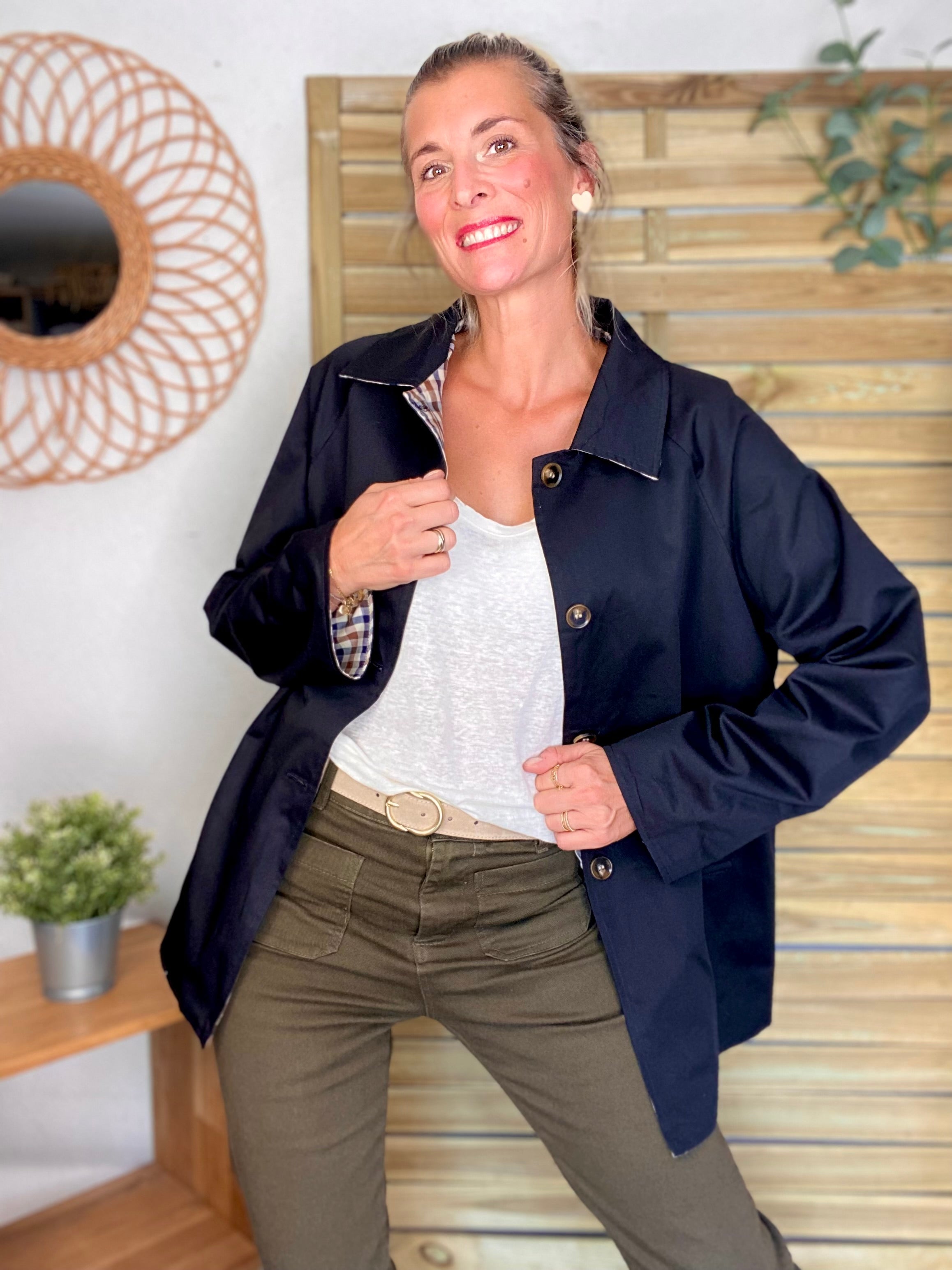 Veste Trench mi long réversible vichy LENA - Noir
