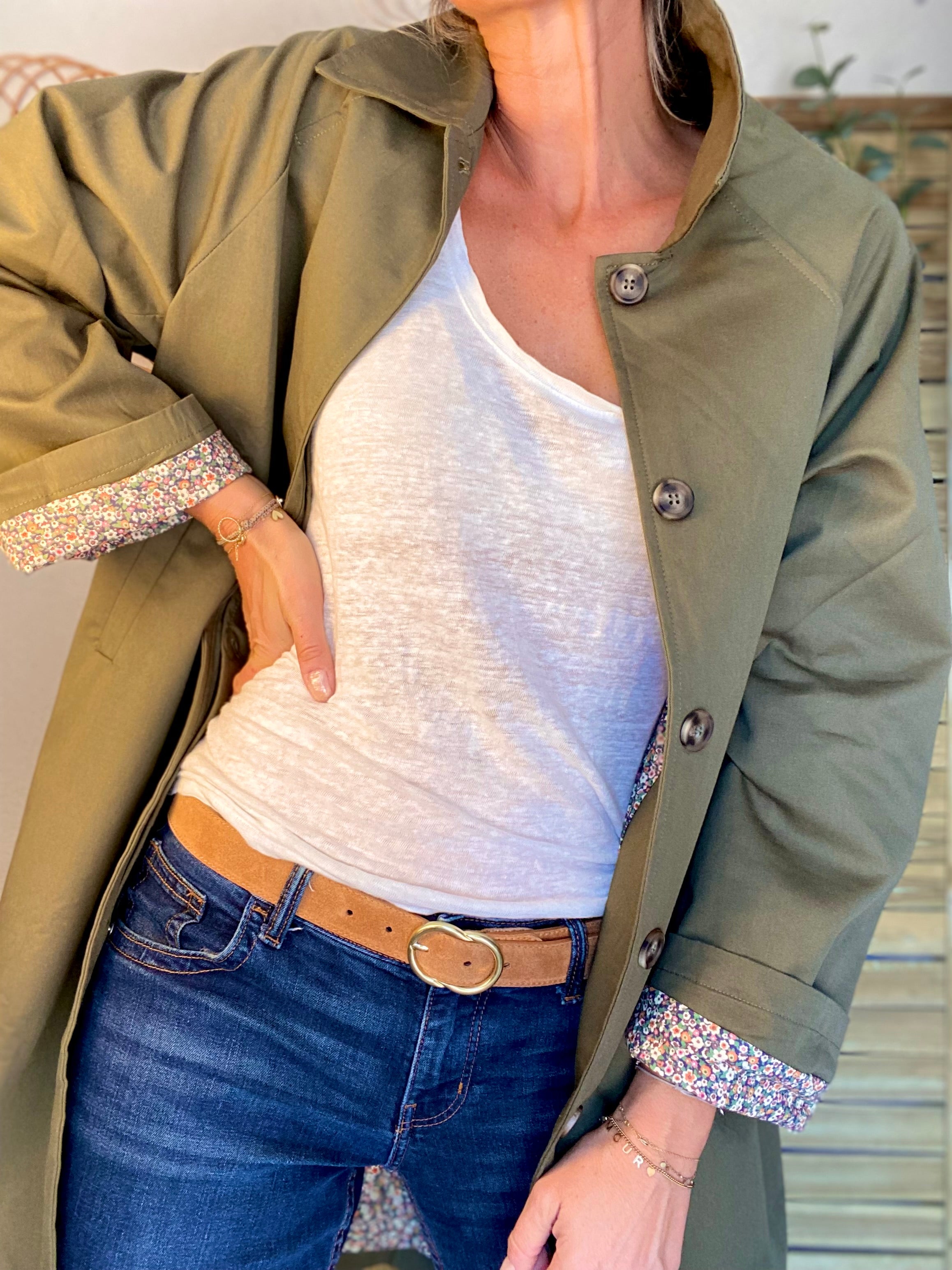 Veste Trench en coton kaki avec Liberty - MAHAUT LONG