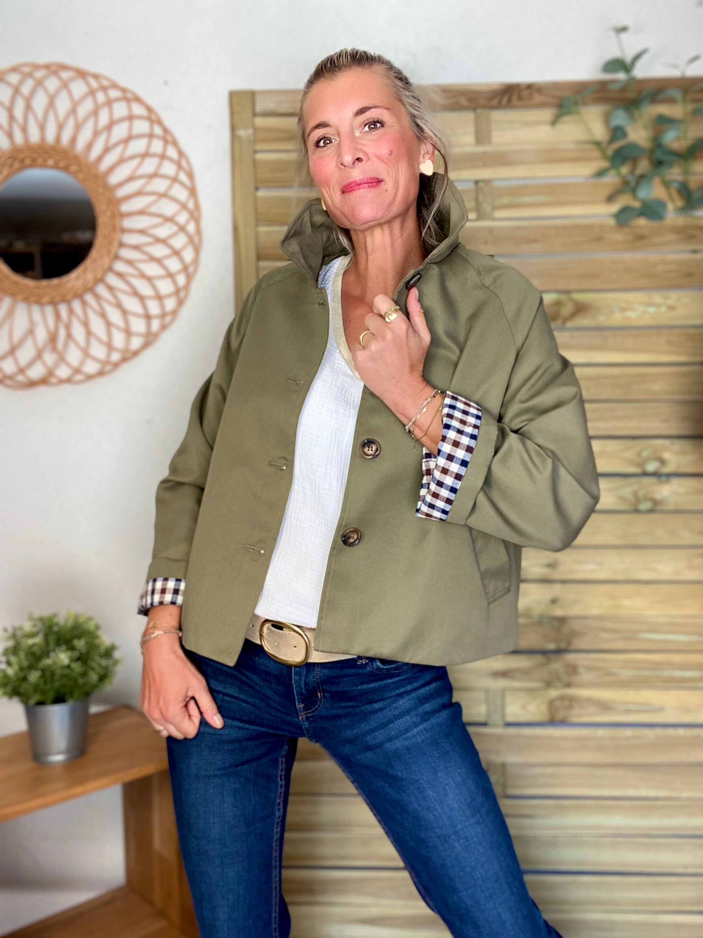 Veste Trench en coton avec vichy - YSEULT court Kaki
