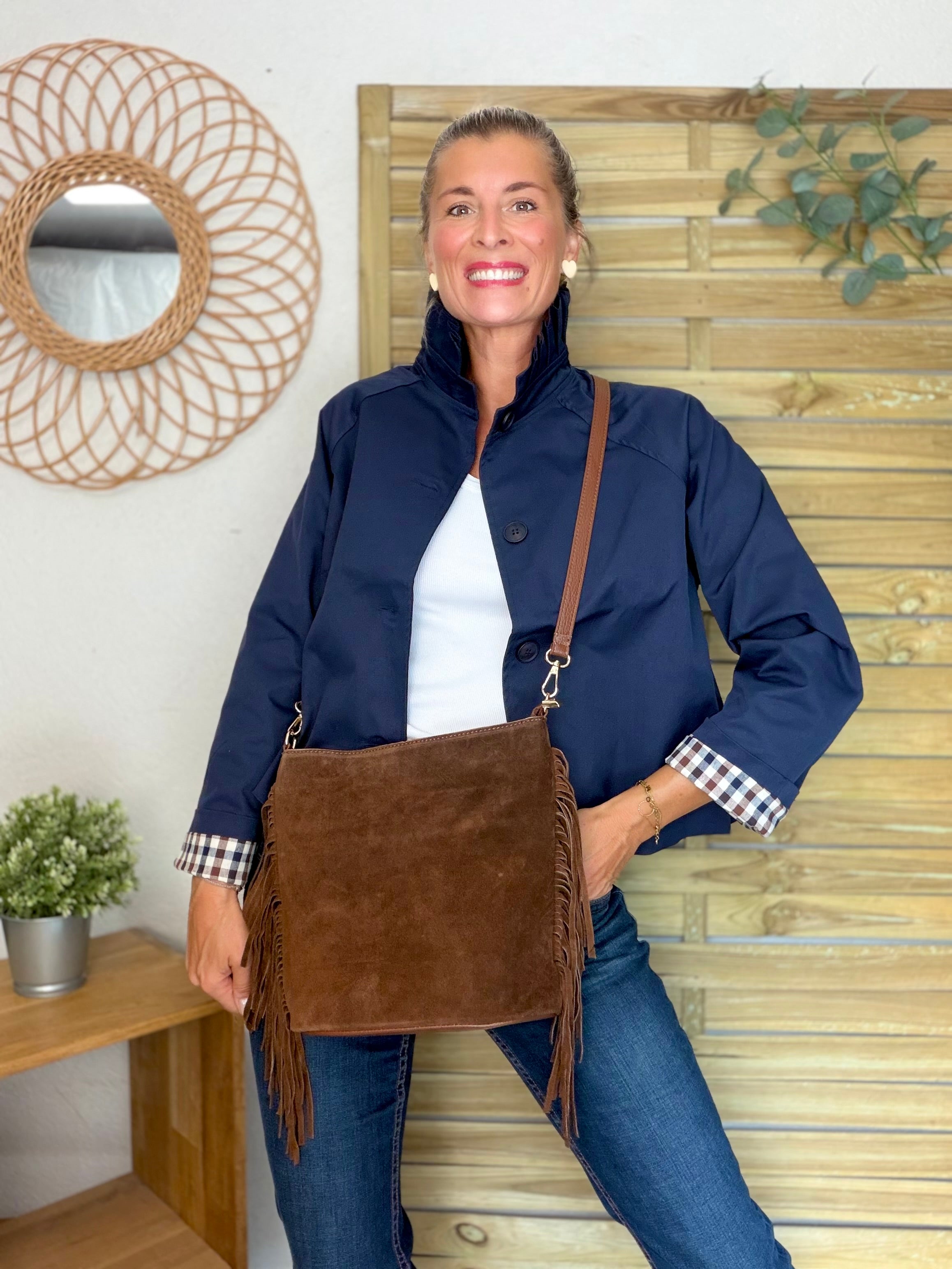 Veste Trench col victorien, revers carreaux - VICKY Bleu marine