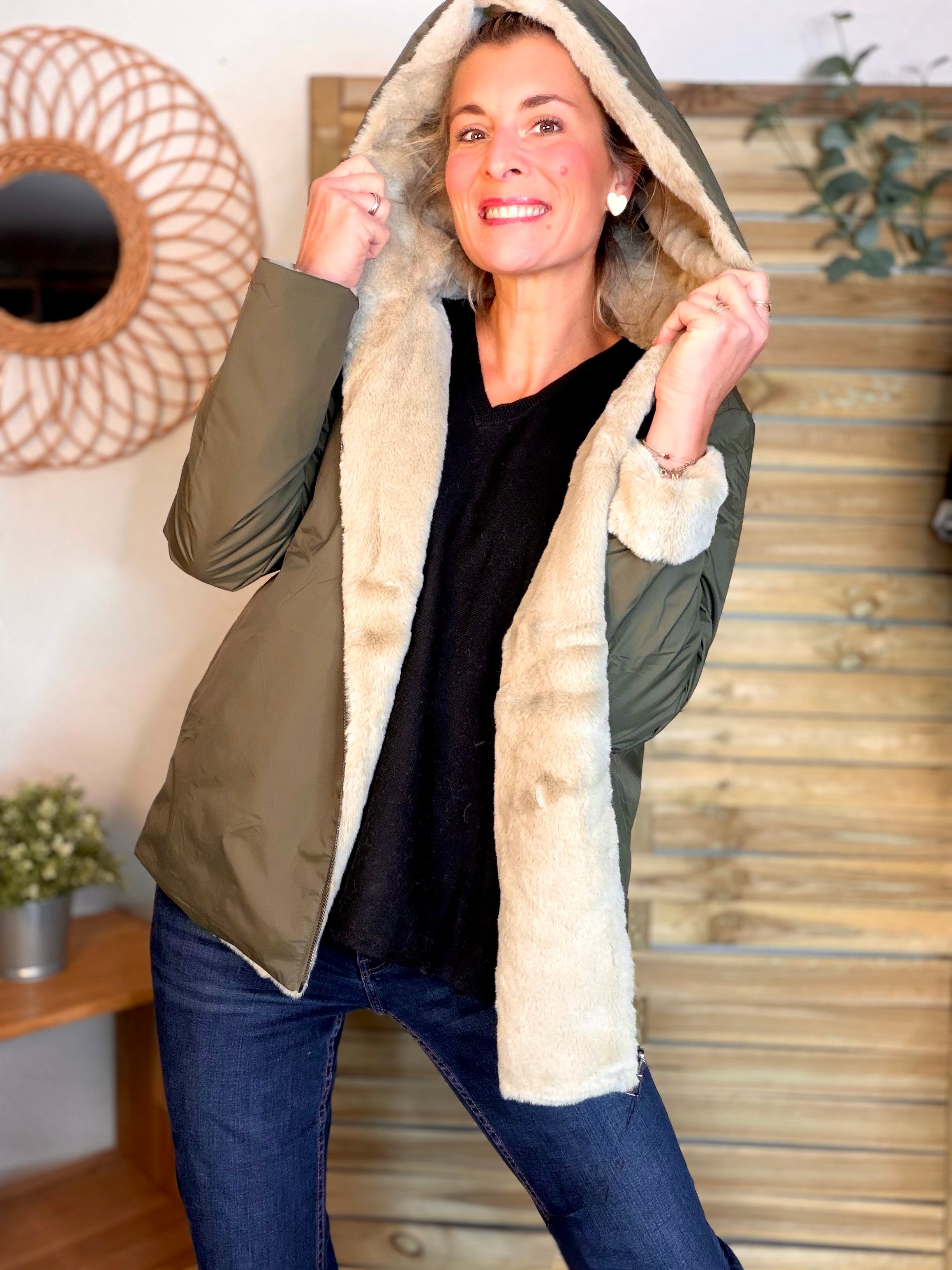 Parka Imperméable réversible fourrée Kaki / Beige ALIX Court - LAURA JO