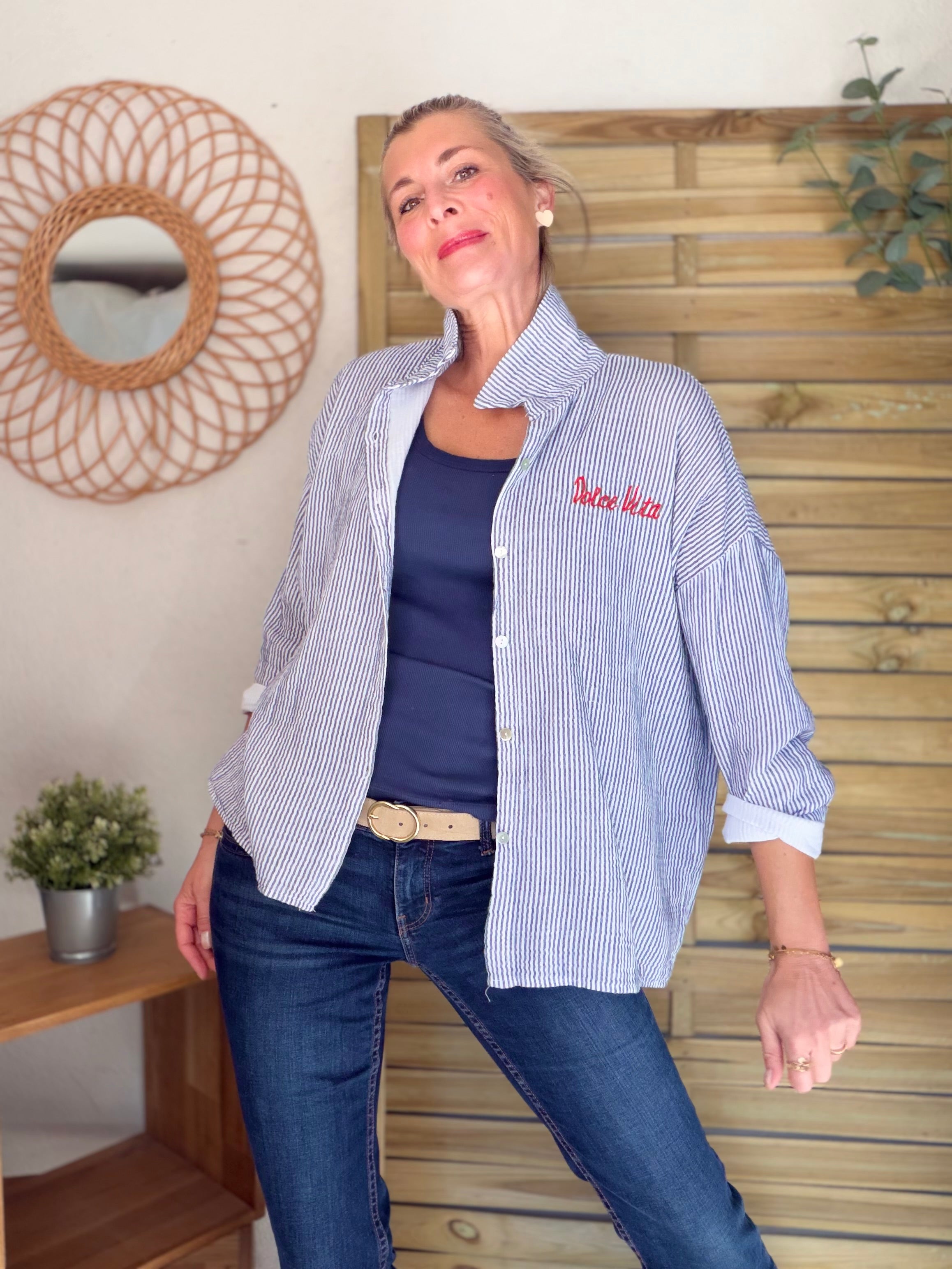 Chemise en gaze de coton brodé Dolce Vita LEÏLA Bleu