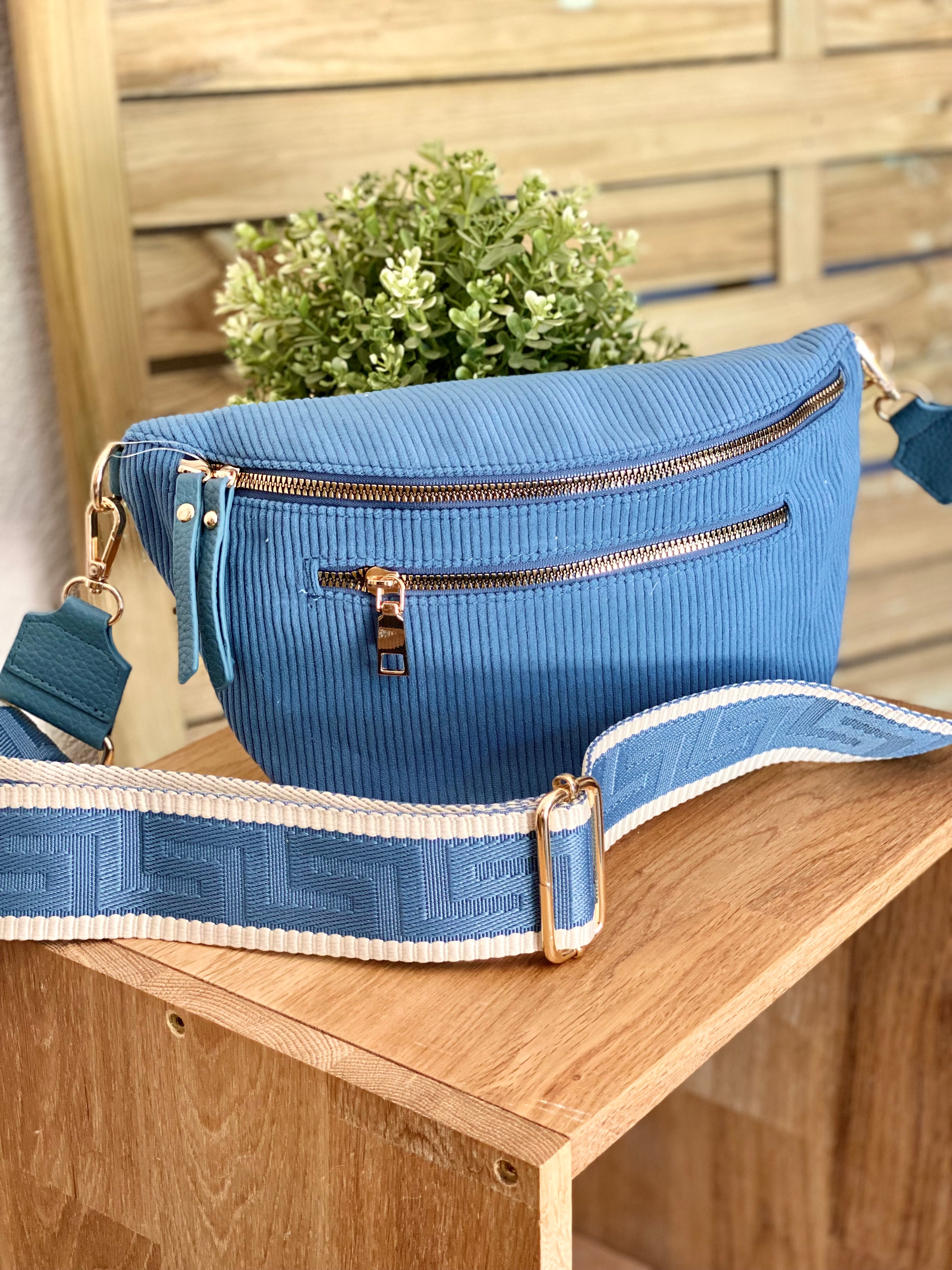 Sac banane L en velours côtelé 2 zips et sangle fantaisie - ASHLY - Bleu jean