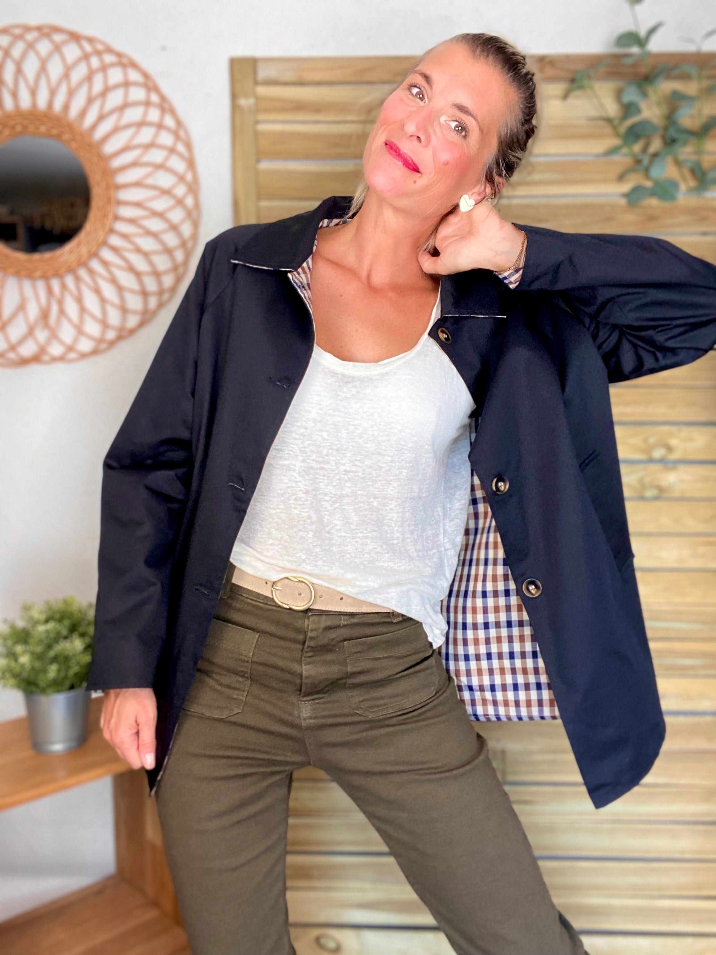 Veste Trench mi long réversible vichy LENA - Noir