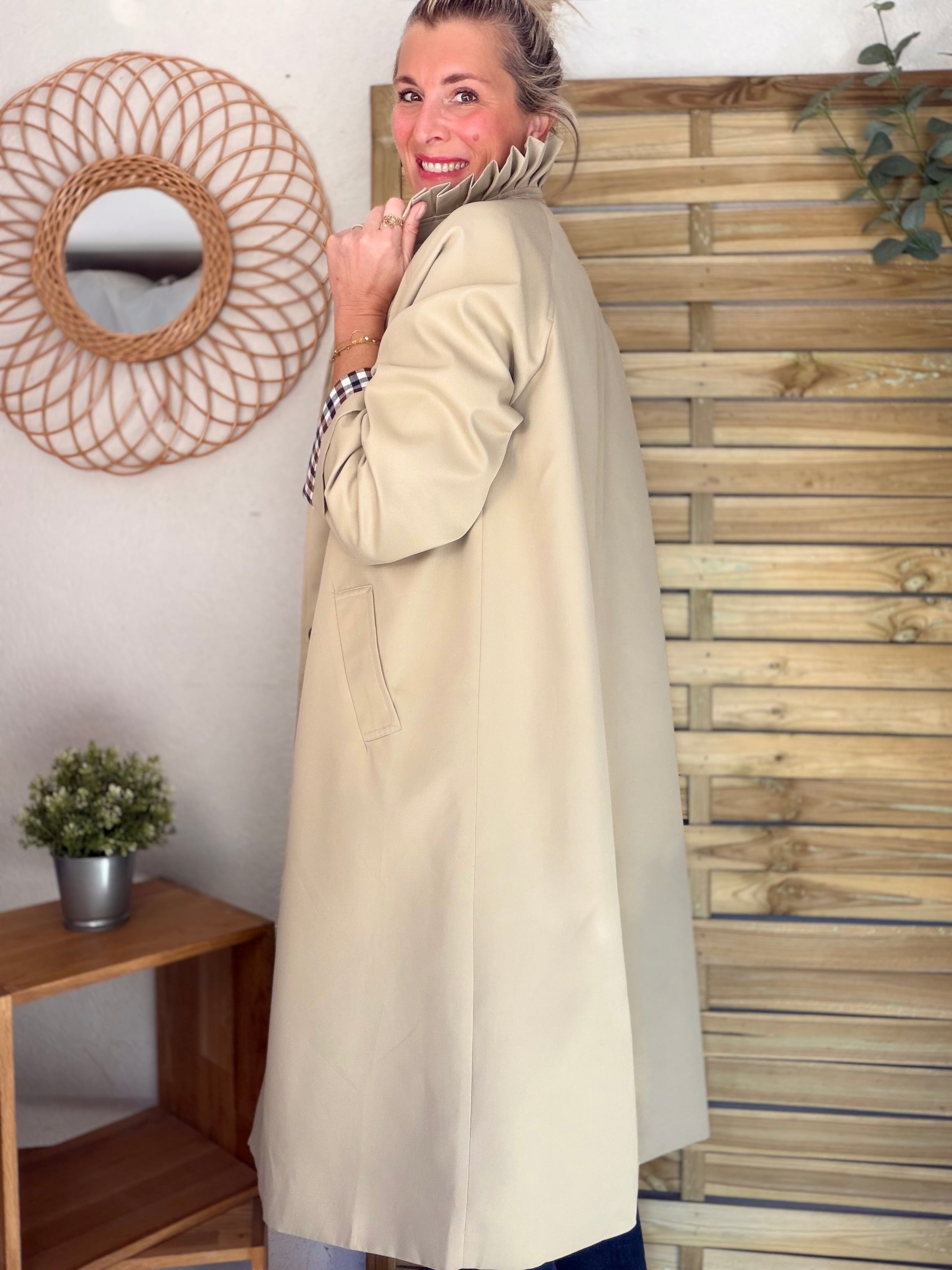 Veste Trench col victorien avec vichy - VICKY LONG Beige