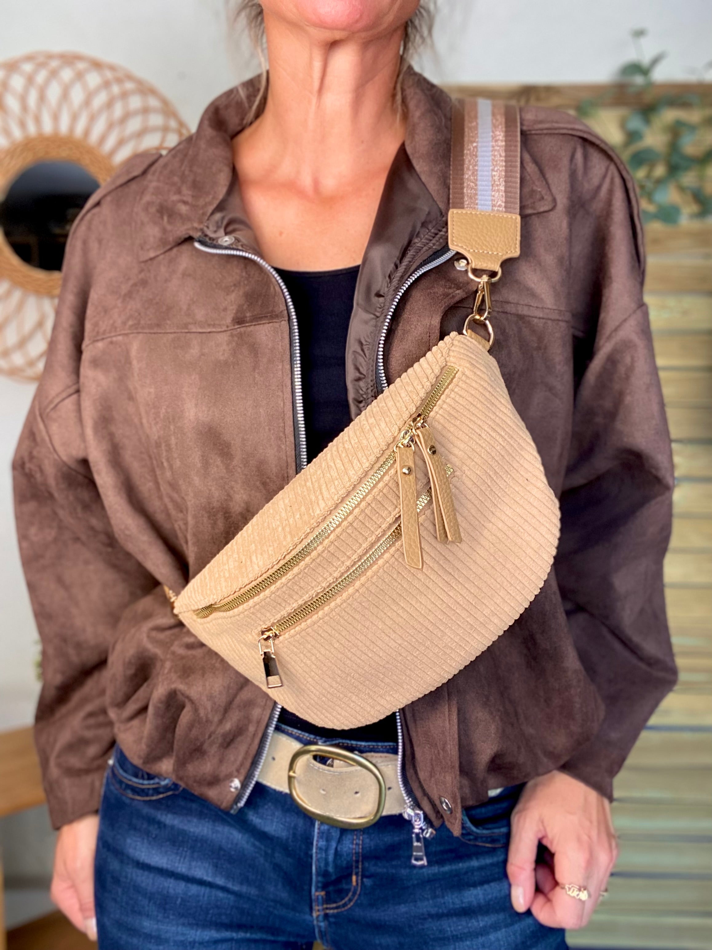 Sac banane L en velours côtelé 2 zips et sangle fantaisie - ASHLY - Camel clair (côtelé large)