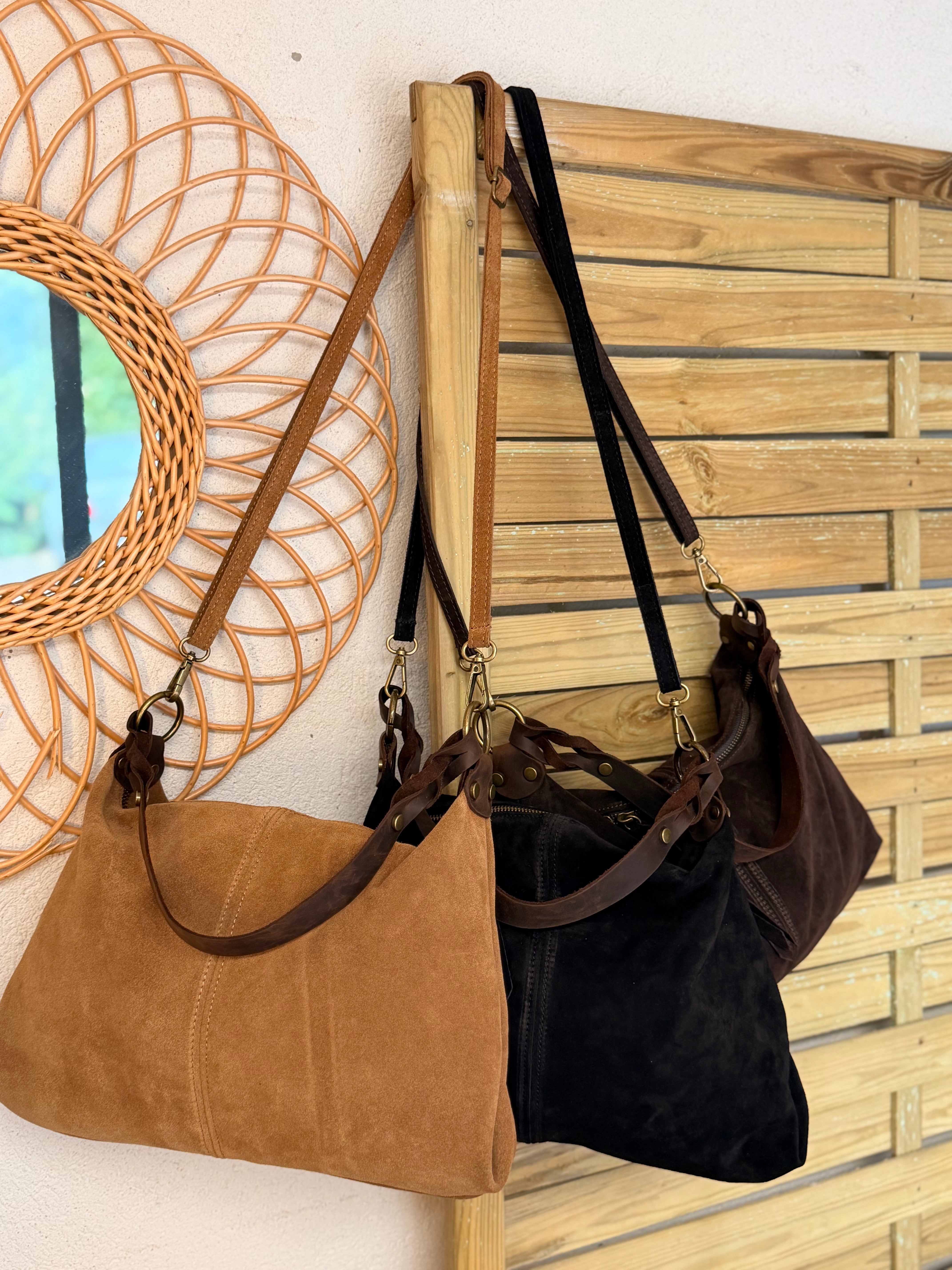 Sac hobo en cuir daim souple, double bandoulière ANDREW Chocolat