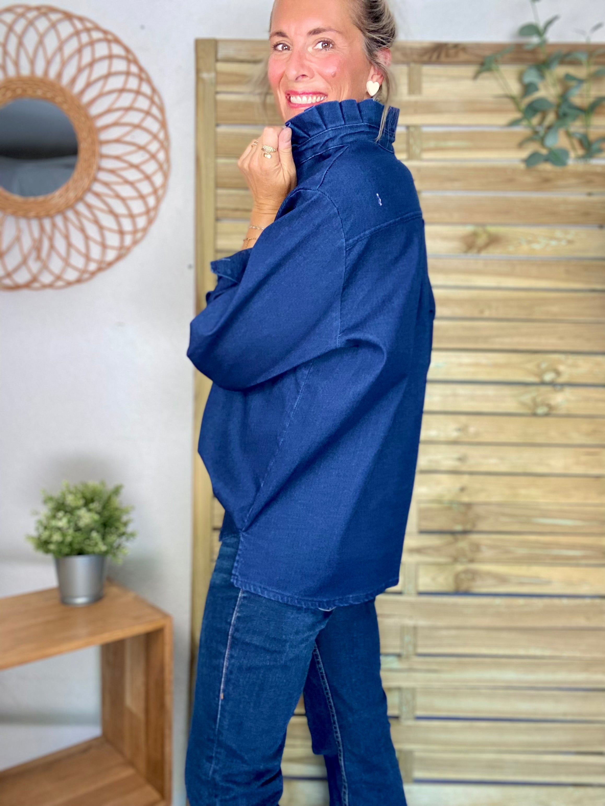 Veste / Chemise en coton, col volanté Bleu Jean LISON
