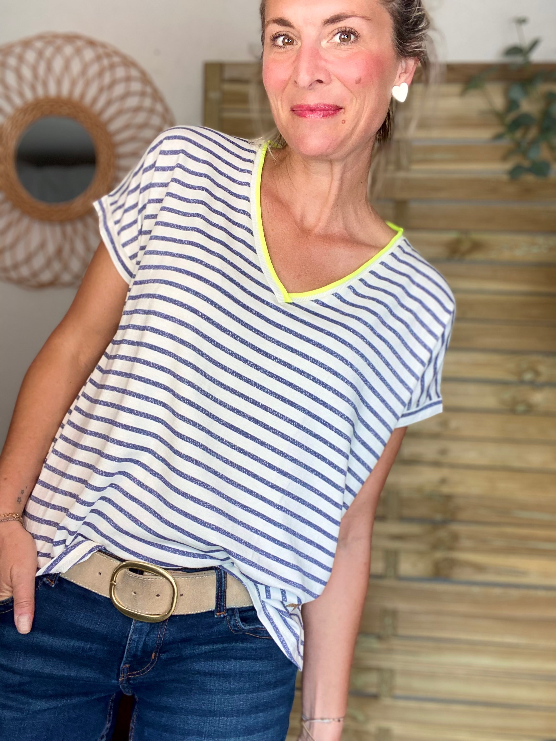 Top rayé col V avec étoile ⭐️ NAOMI - Bleu Jean