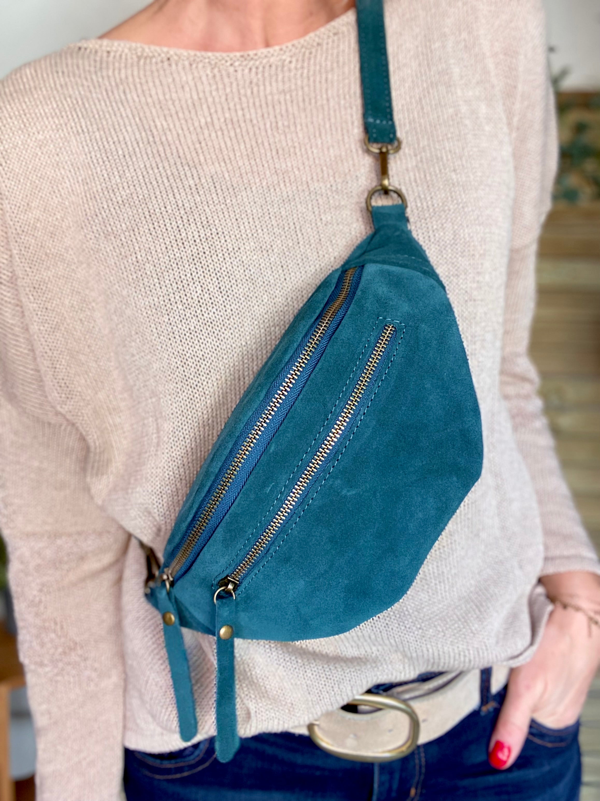 Sac banane double poche en cuir daim - OPALINE - Bleu pétrole (14 coloris)