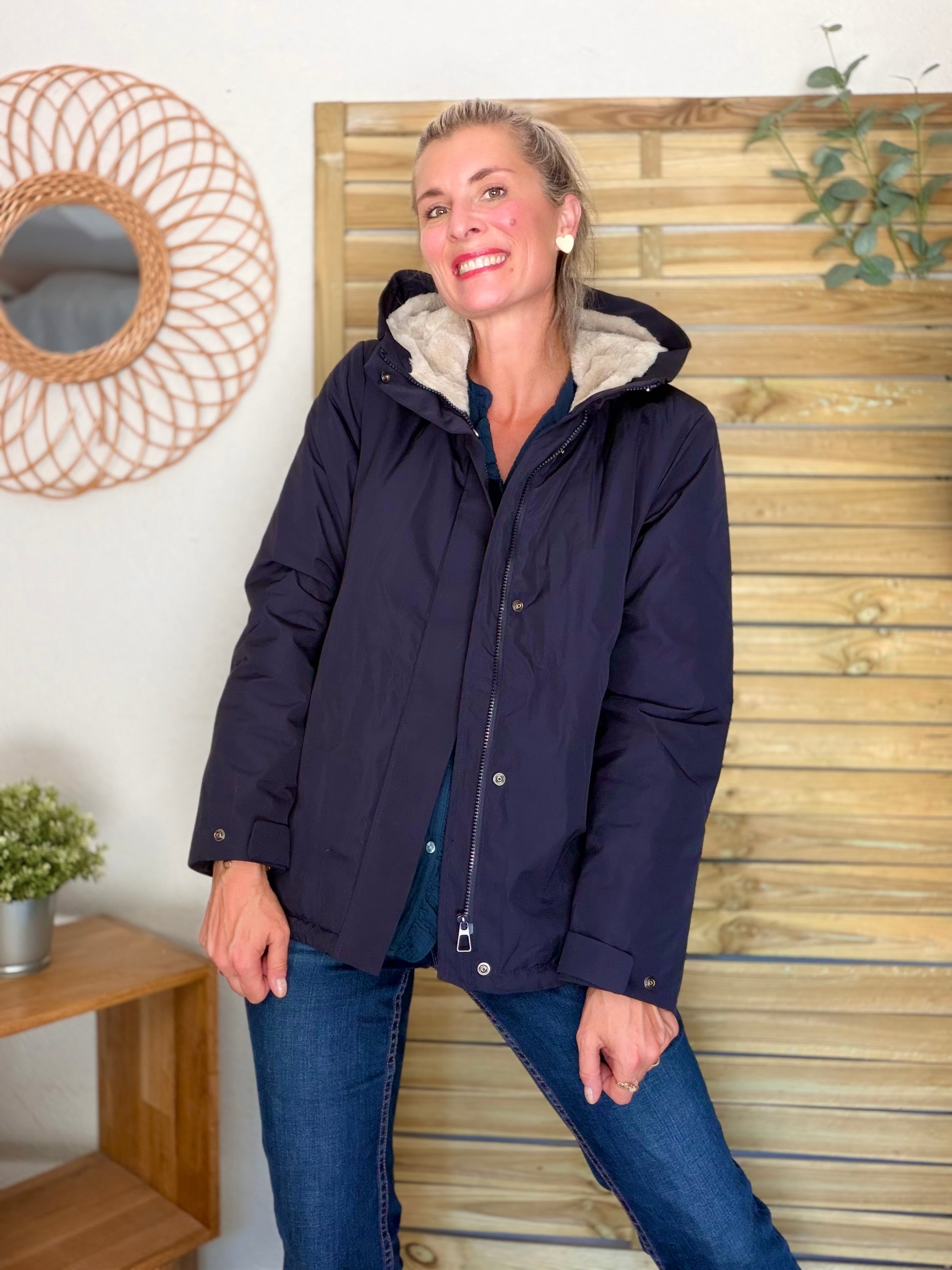 LAURA JO - Parka fourrée imperméable AMBRE MI-LONG - Bleu marine / Beige