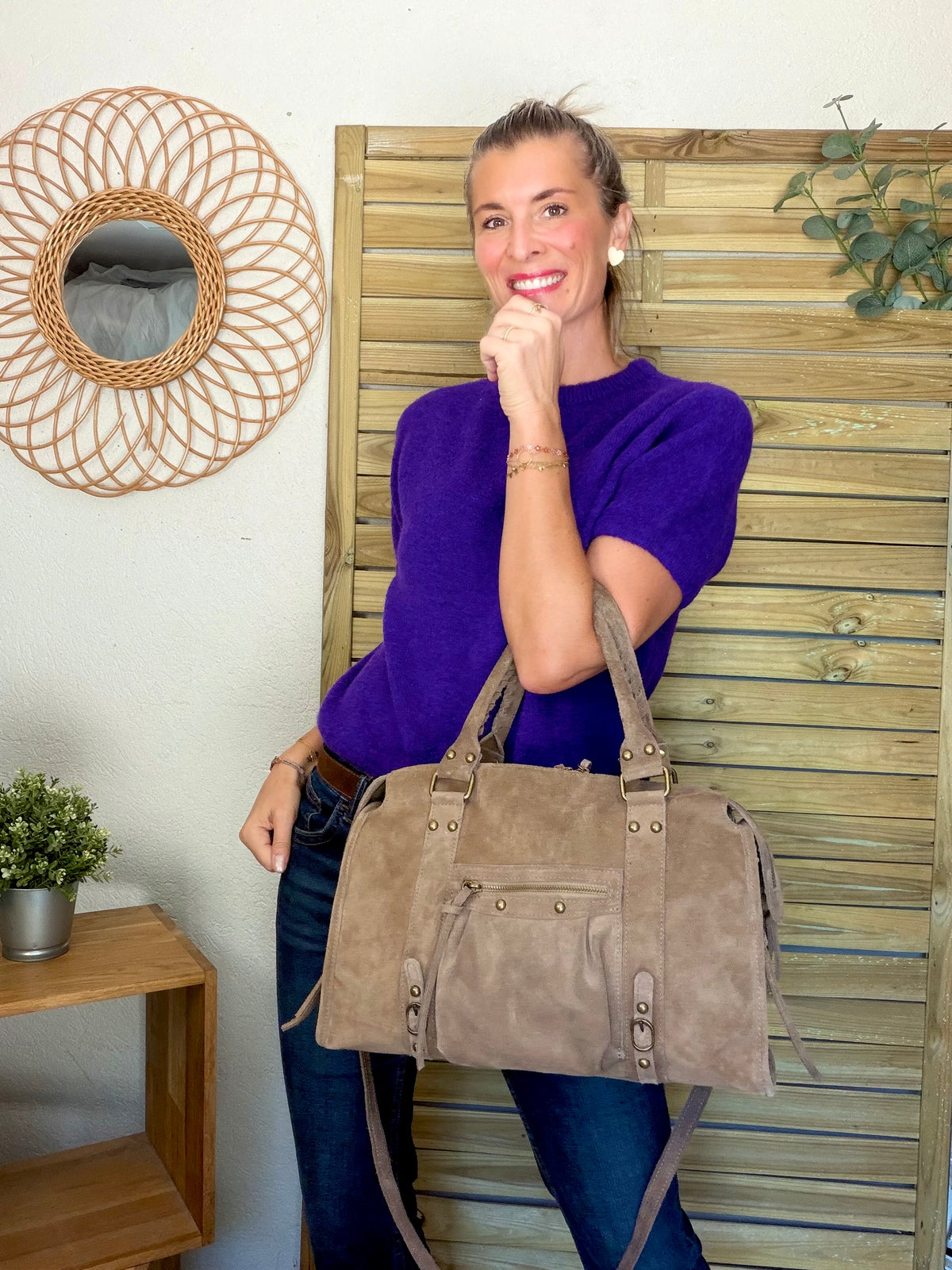 Sac cabas XL en cuir daim • HUNTER Taupe