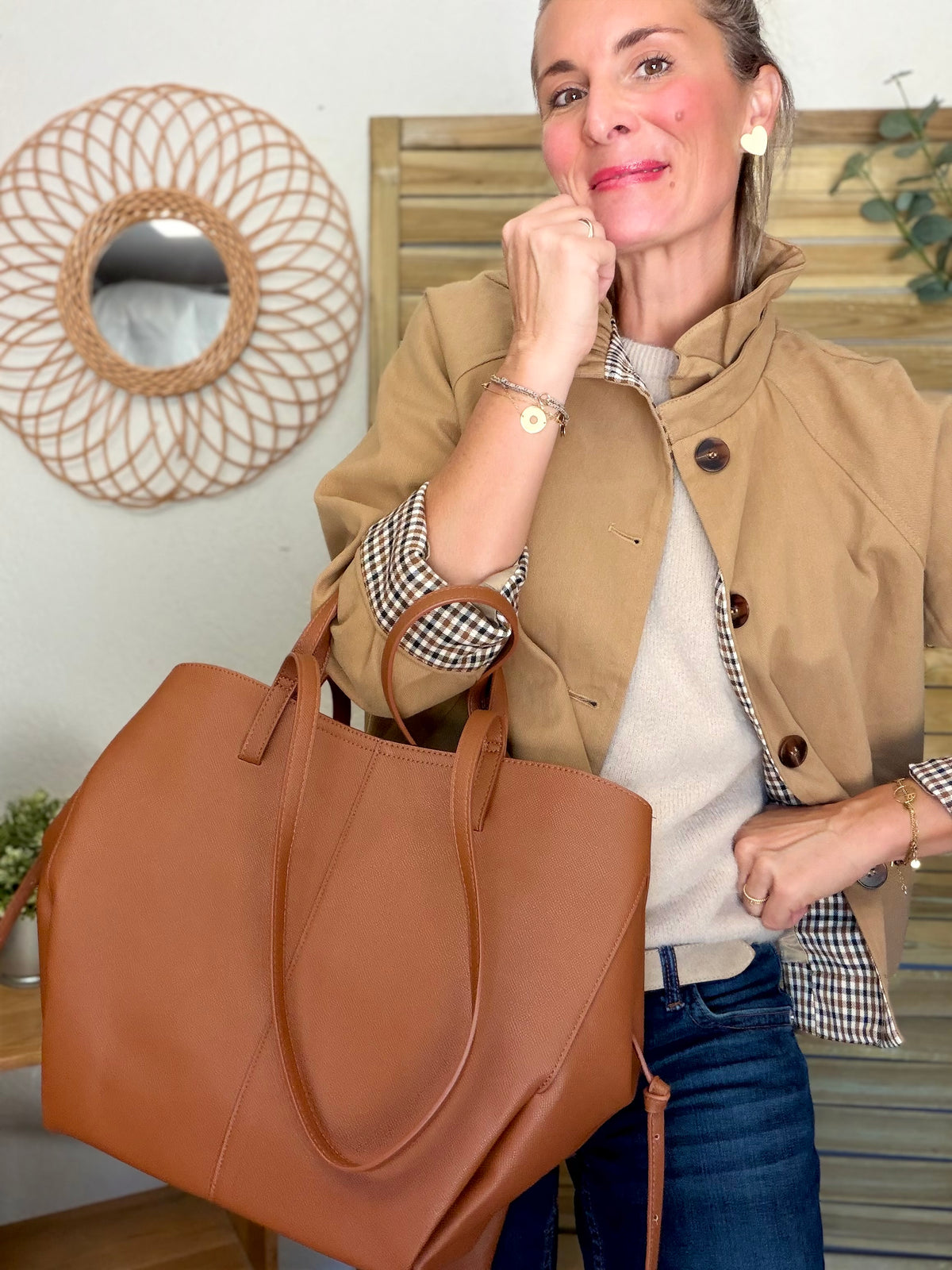 Grand Sac cabas 2 en 1 en simili cuir grainé - PAULE Camel grainé