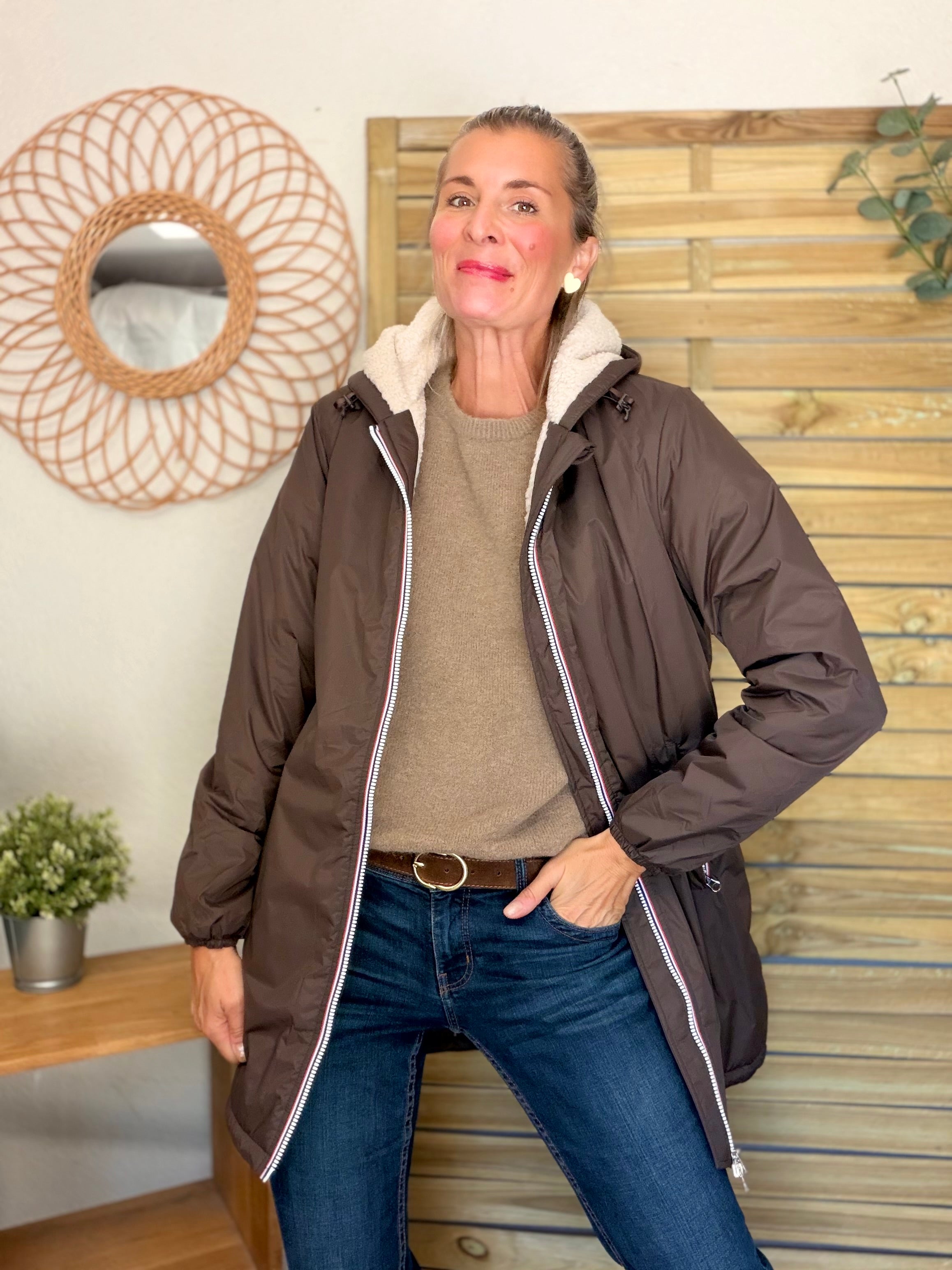 LAURA JO - Parka Imperméable LOUISE LONG Sherpa écru - Chocolat