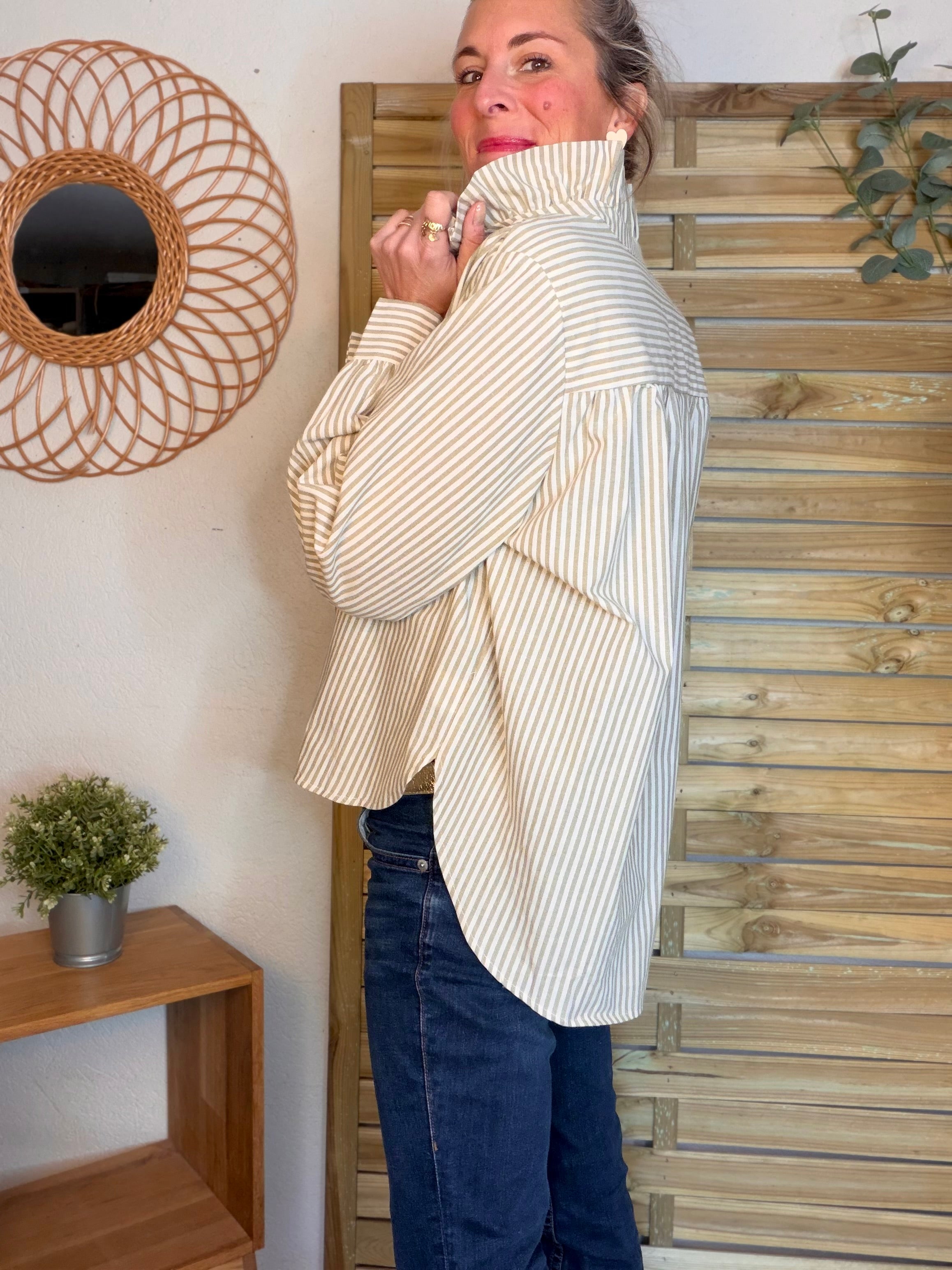 Chemise en coton rayée col victorien BRIGITTE - Kaki clair