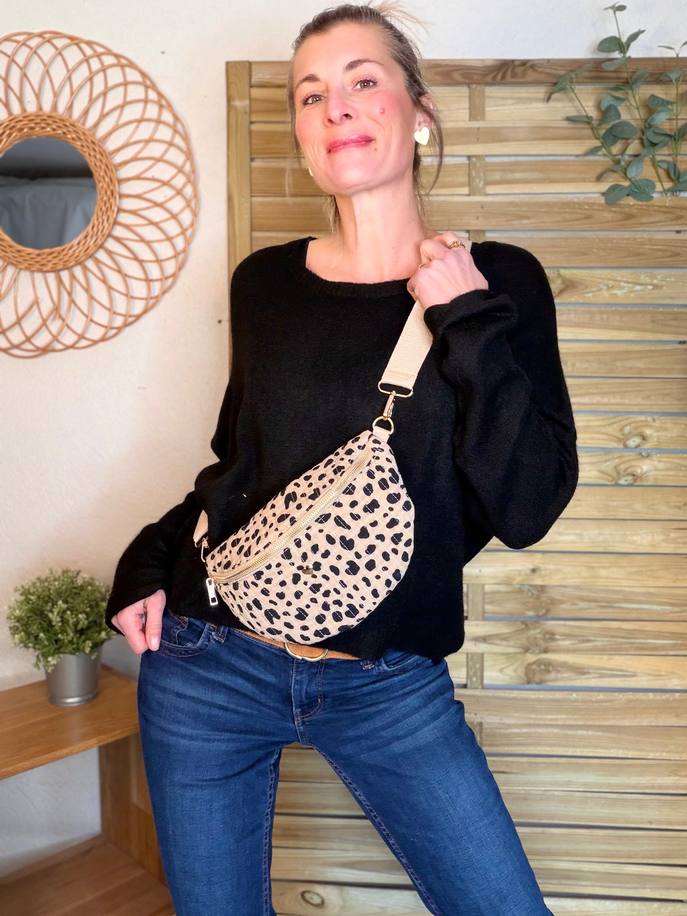 Sac banane L matelassé cœur doré 💛 JOSIE - Tacheté taupe