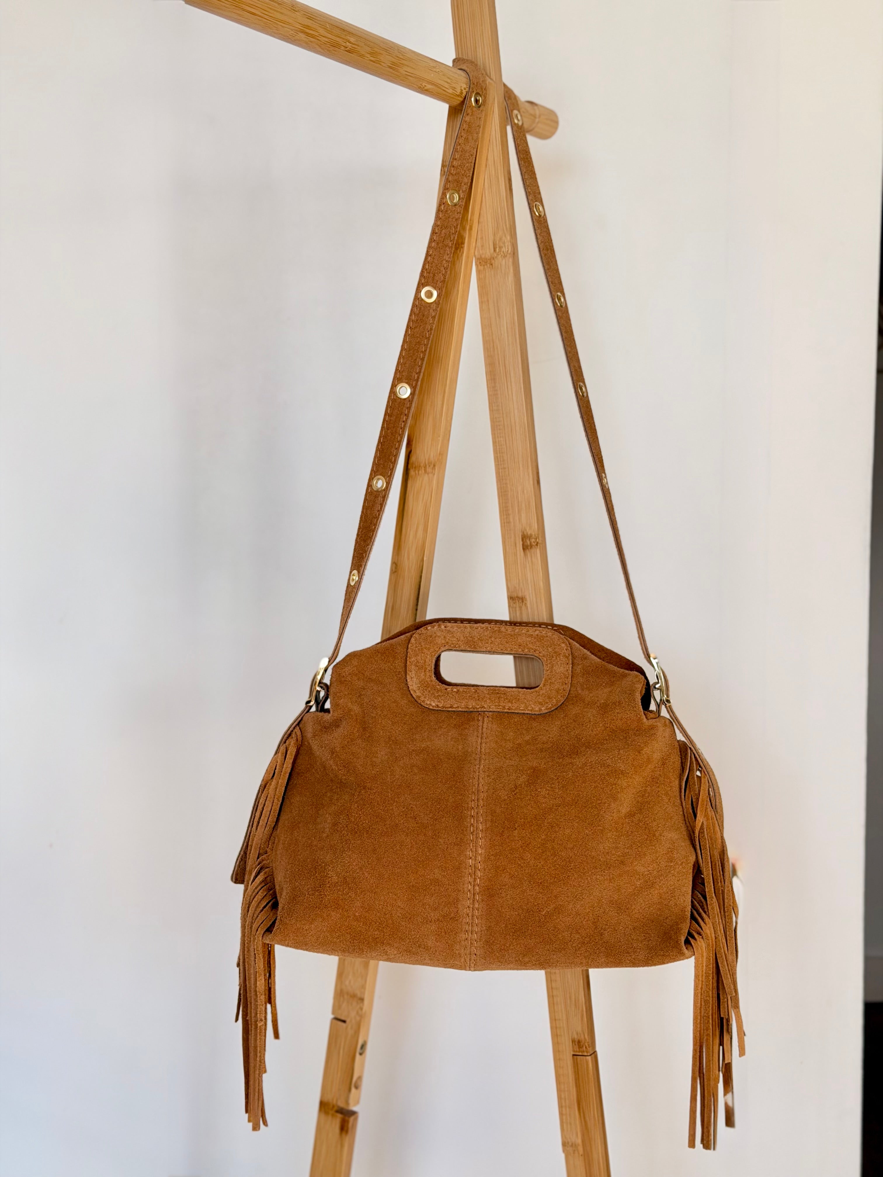 Sac en cuir daim avec franges LOGAN - Camel