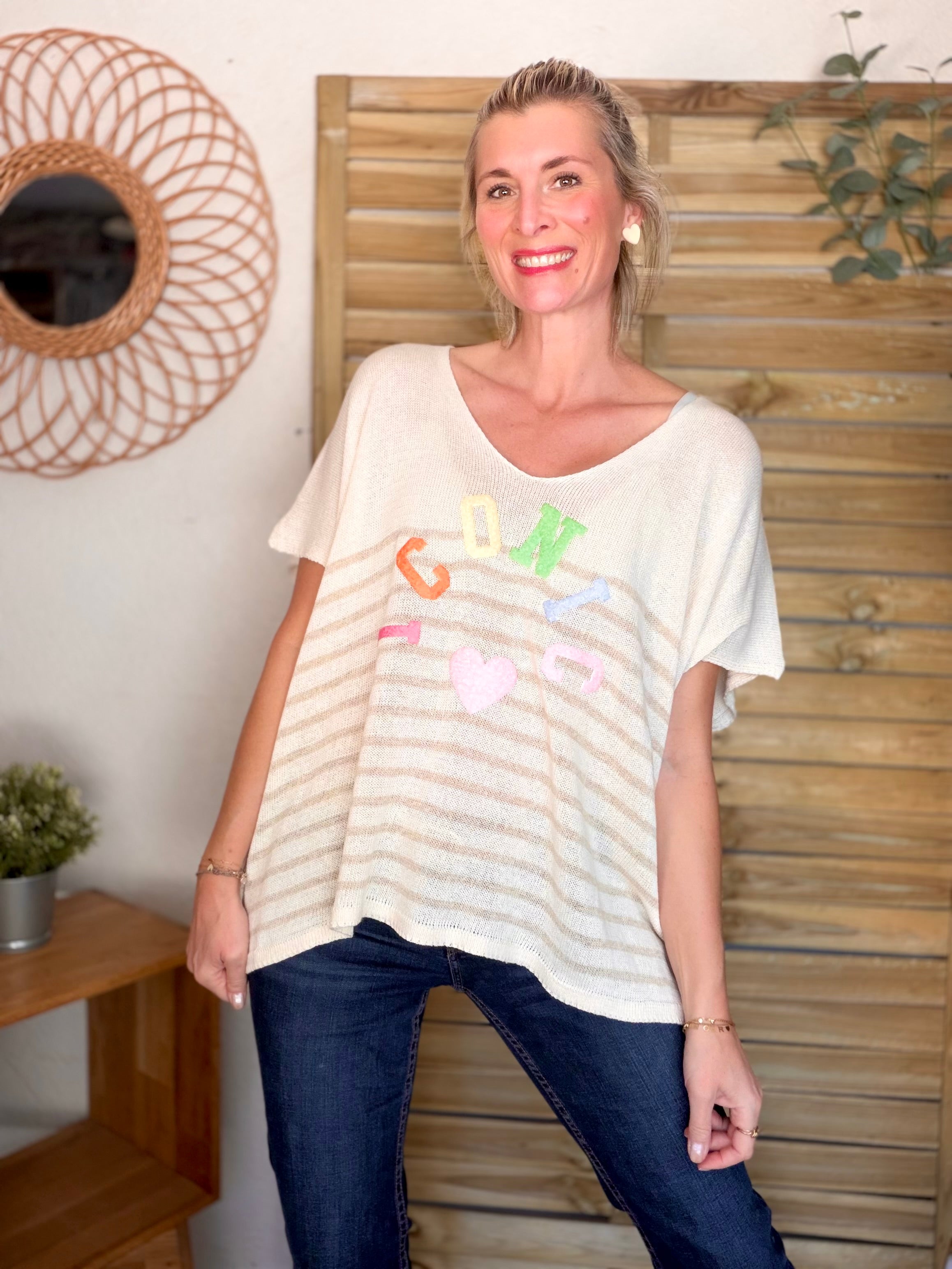 Top col V en maille rayé oversized ICONIC ANISSA Beige