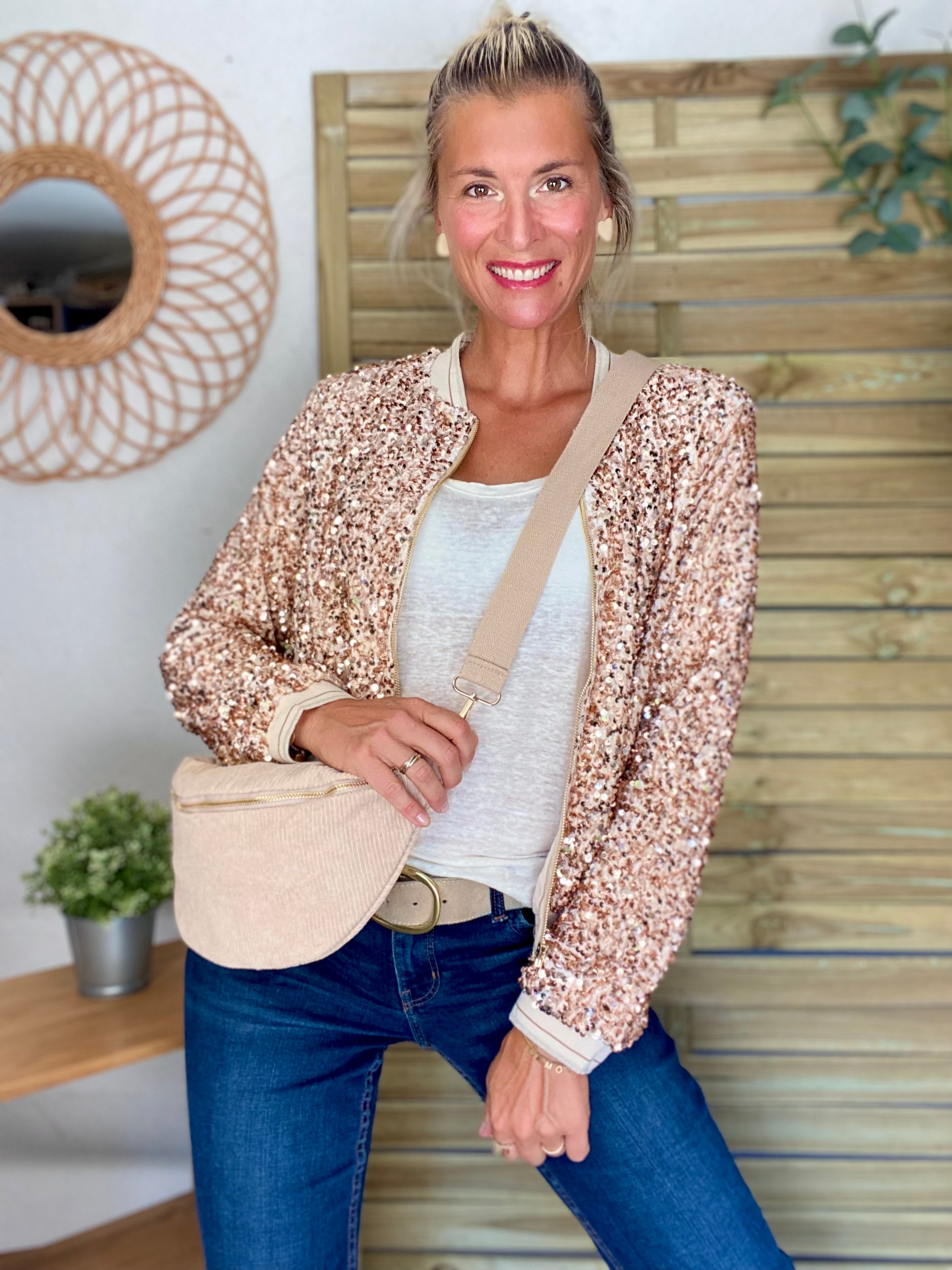 Veste bombers beige avec sequins Rose Gold KIM