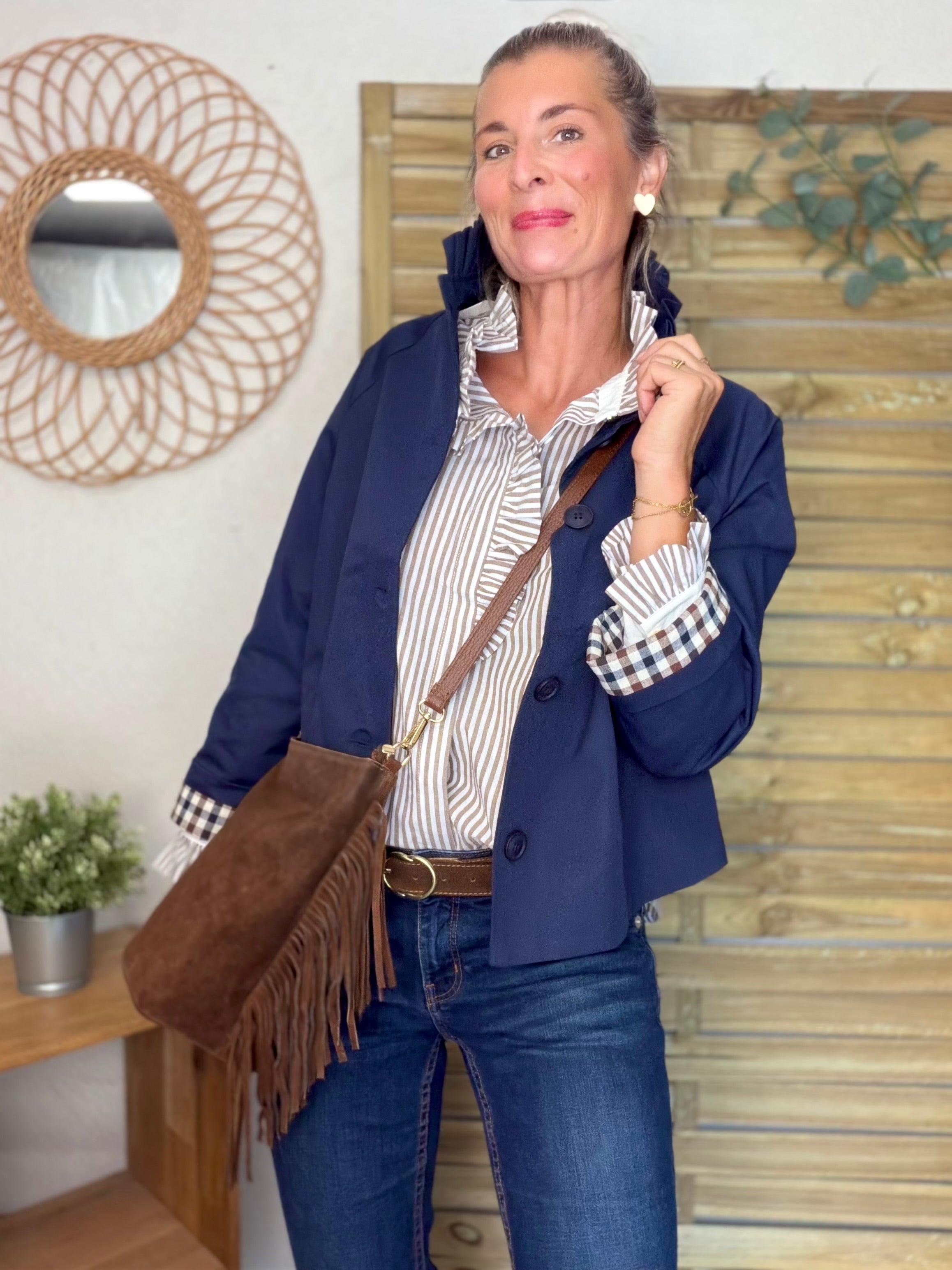 Veste Trench col victorien, revers carreaux - VICKY Bleu marine
