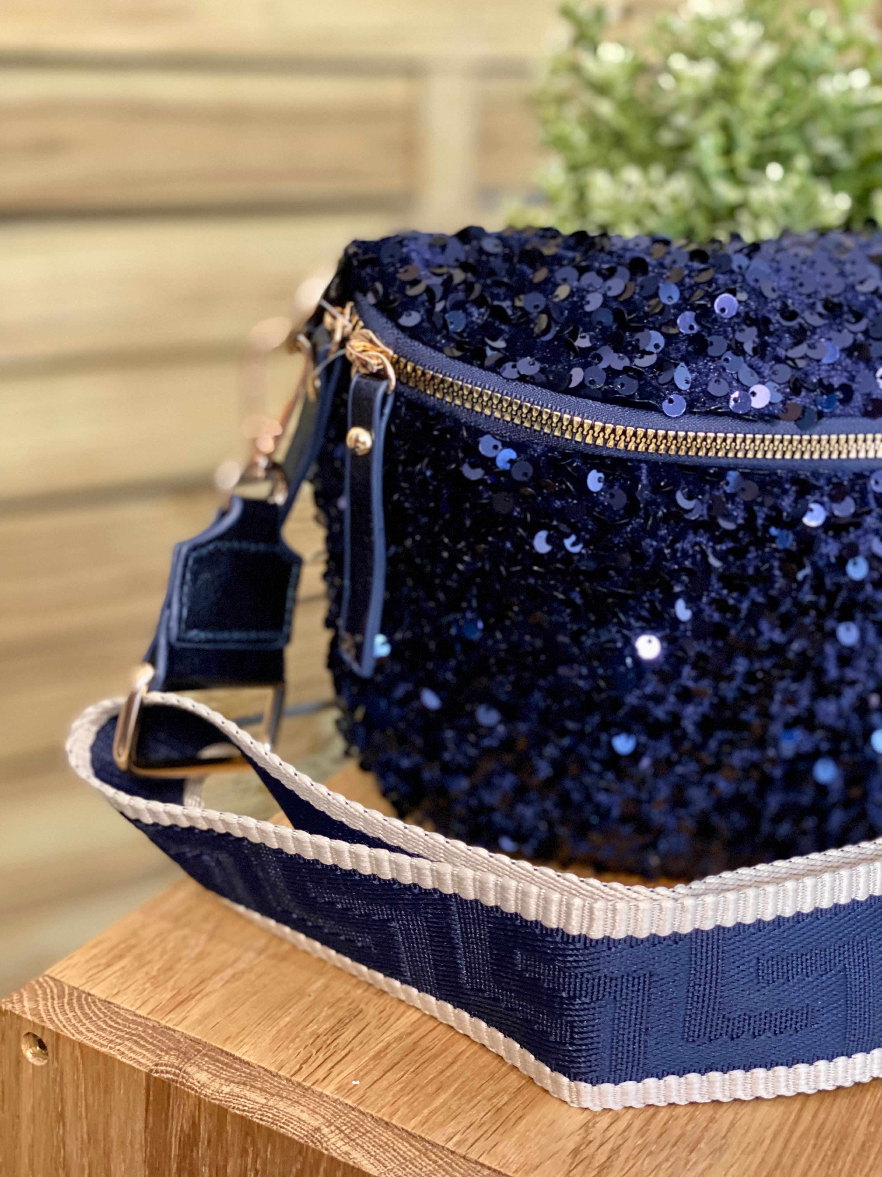 Sac banane L à sequins 30cm et sangle fantaisie - ROXY - Bleu marine